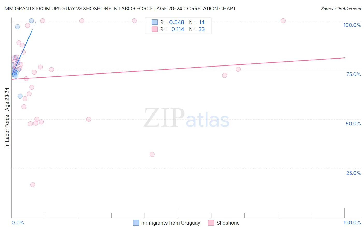 Immigrants from Uruguay vs Shoshone In Labor Force | Age 20-24