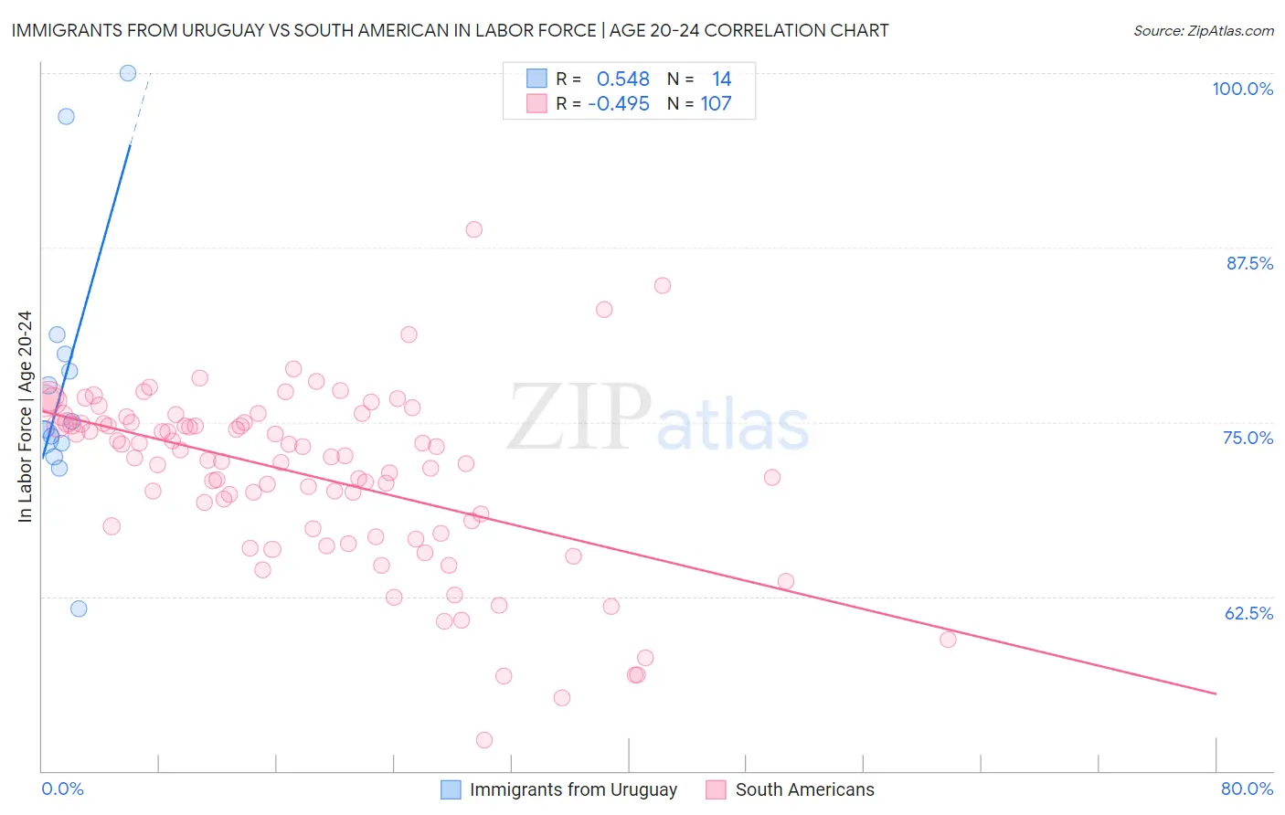 Immigrants from Uruguay vs South American In Labor Force | Age 20-24
