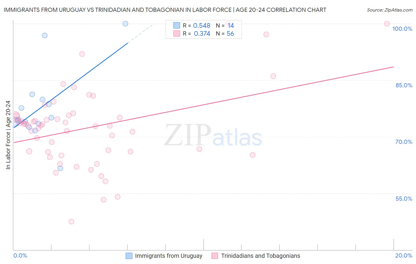 Immigrants from Uruguay vs Trinidadian and Tobagonian In Labor Force | Age 20-24