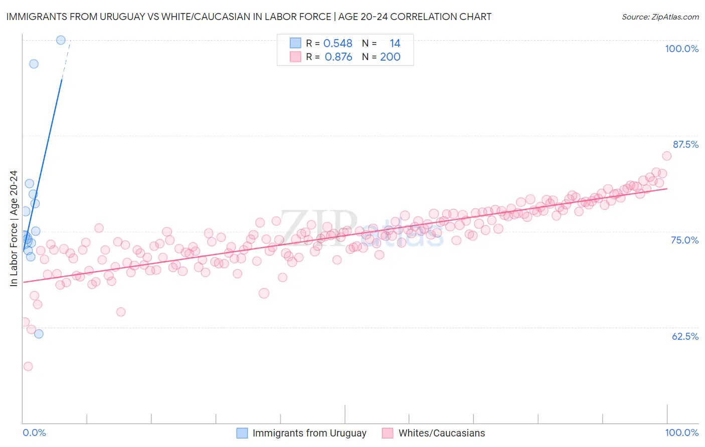 Immigrants from Uruguay vs White/Caucasian In Labor Force | Age 20-24