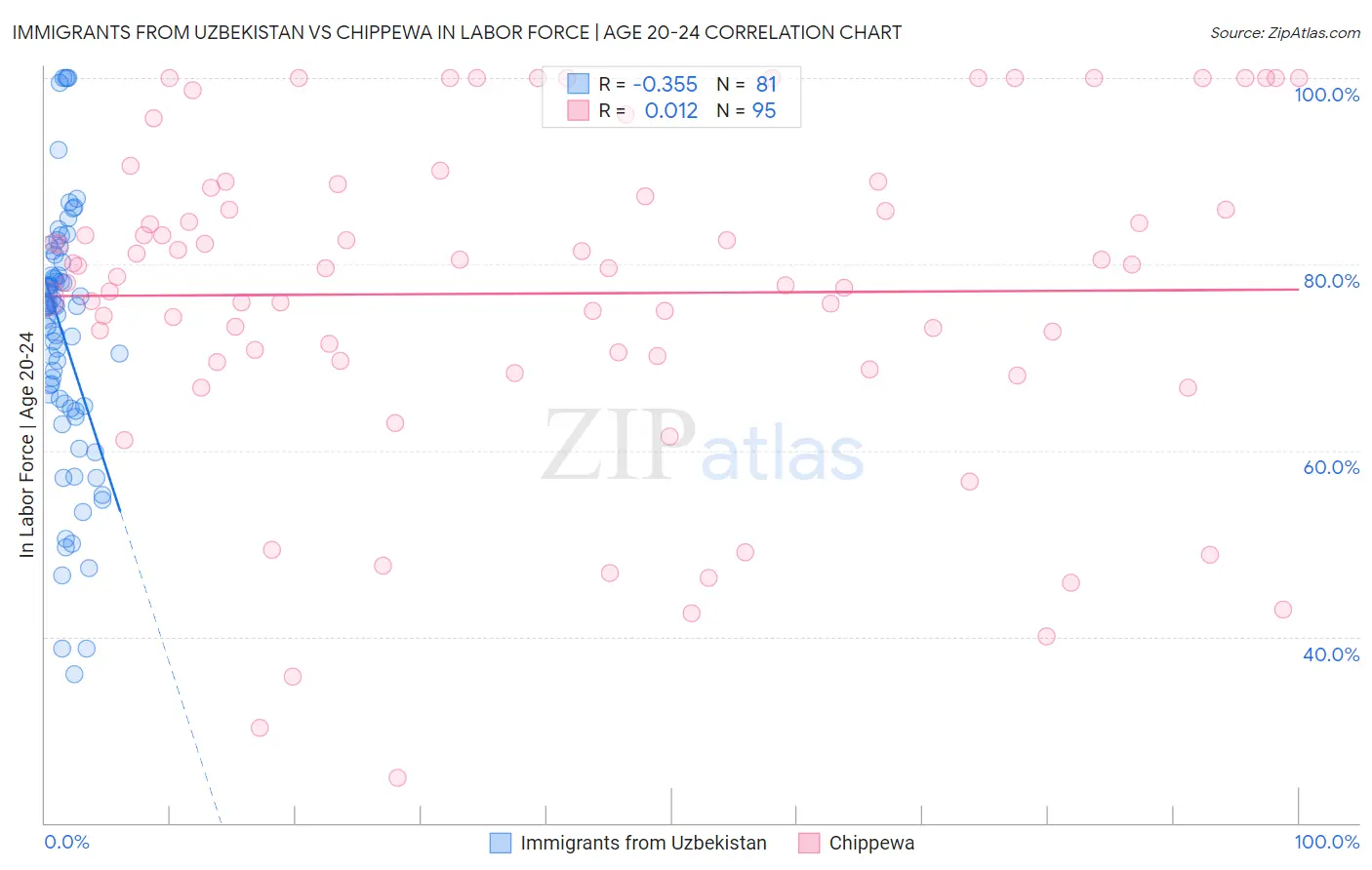 Immigrants from Uzbekistan vs Chippewa In Labor Force | Age 20-24