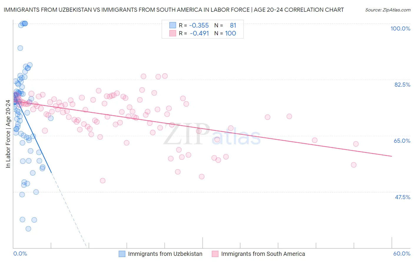 Immigrants from Uzbekistan vs Immigrants from South America In Labor Force | Age 20-24