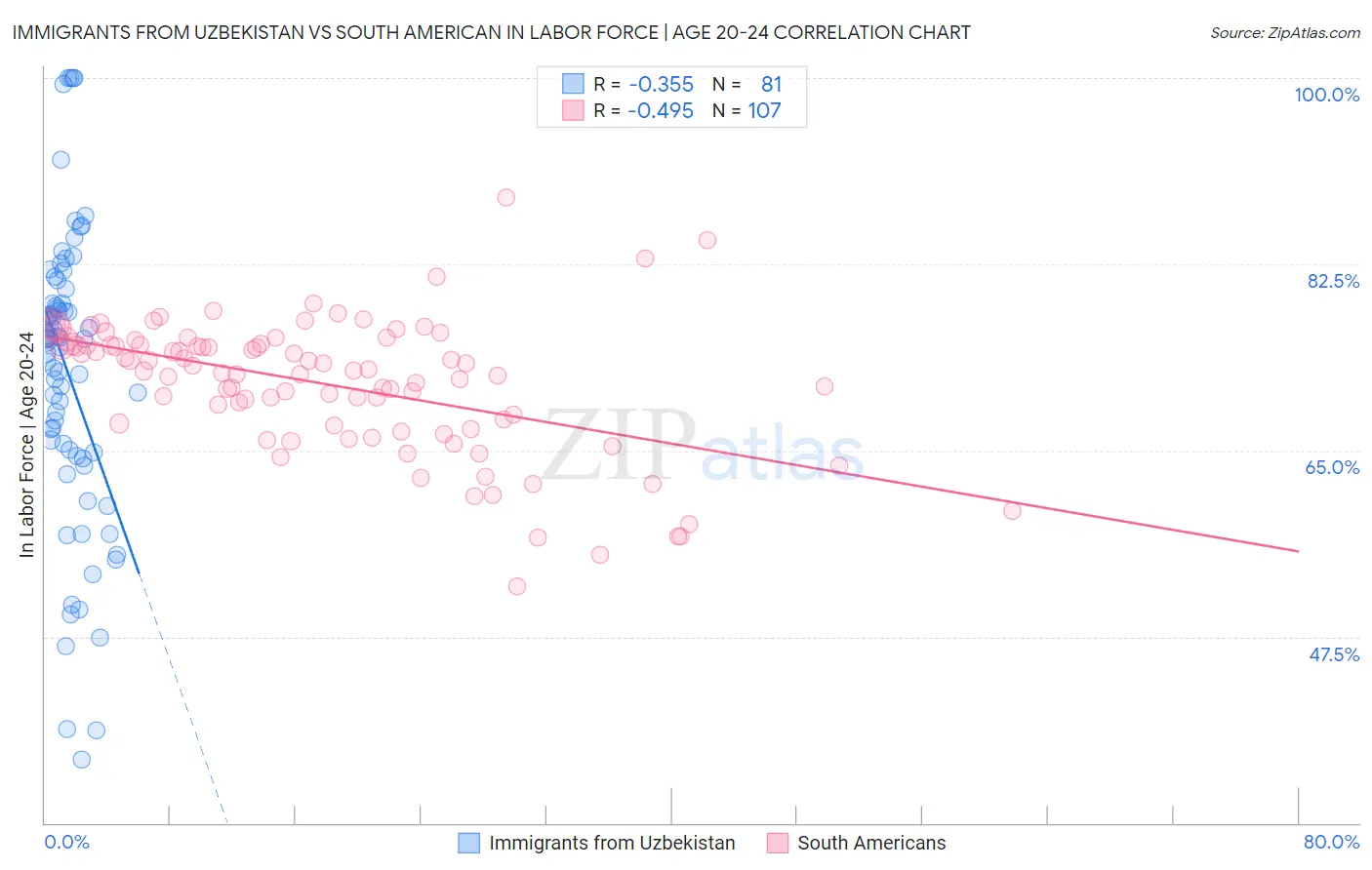 Immigrants from Uzbekistan vs South American In Labor Force | Age 20-24