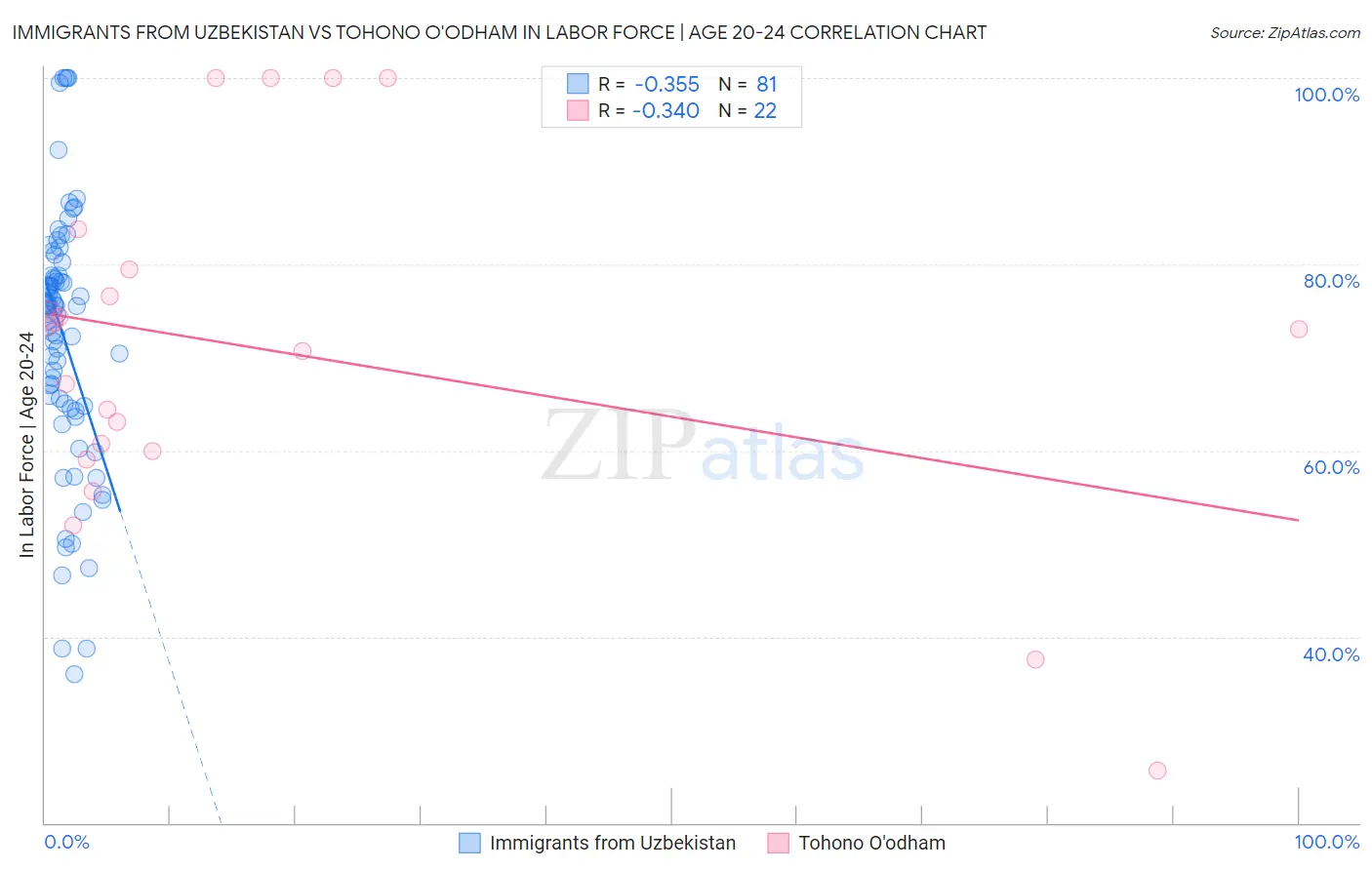 Immigrants from Uzbekistan vs Tohono O'odham In Labor Force | Age 20-24