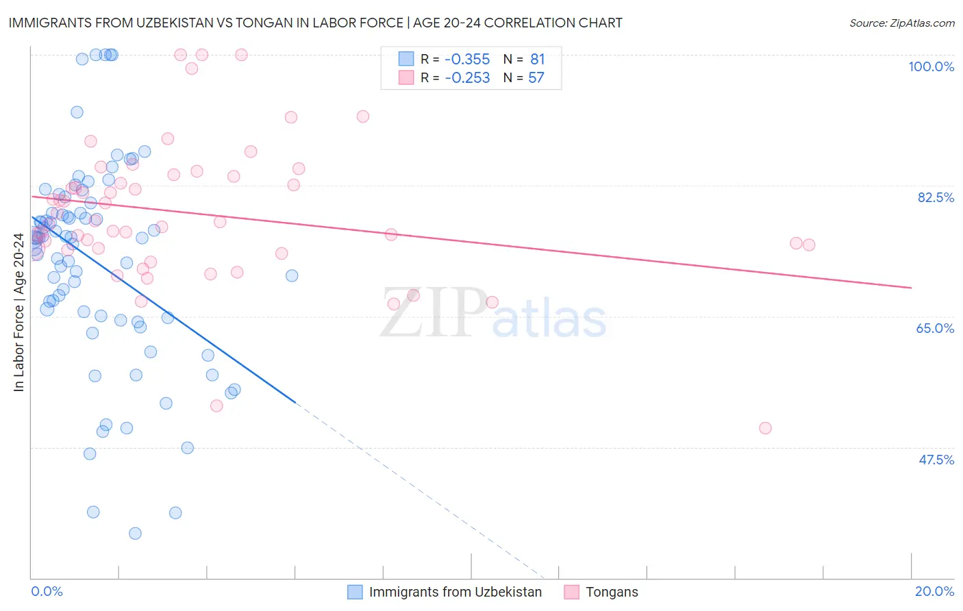 Immigrants from Uzbekistan vs Tongan In Labor Force | Age 20-24