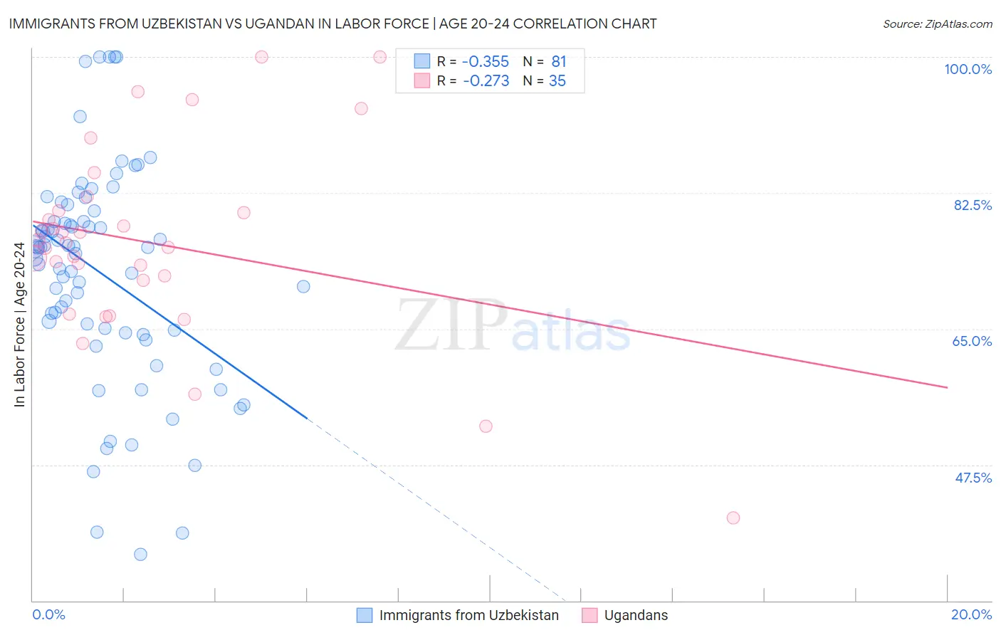 Immigrants from Uzbekistan vs Ugandan In Labor Force | Age 20-24