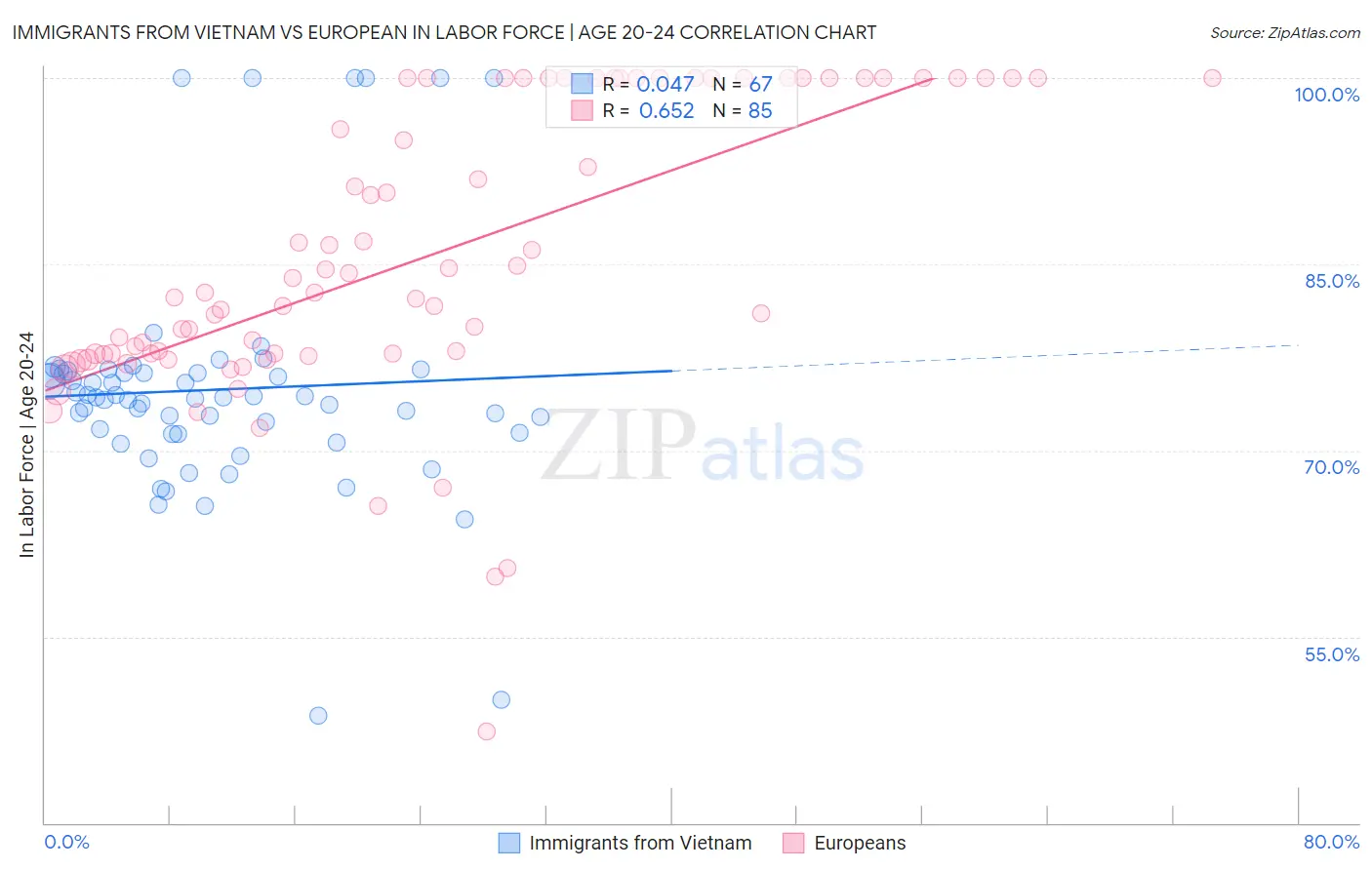 Immigrants from Vietnam vs European In Labor Force | Age 20-24