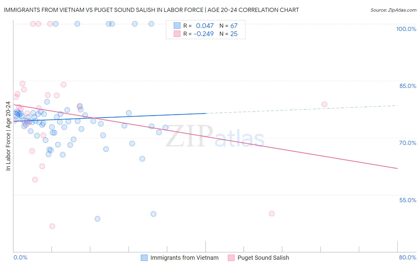 Immigrants from Vietnam vs Puget Sound Salish In Labor Force | Age 20-24