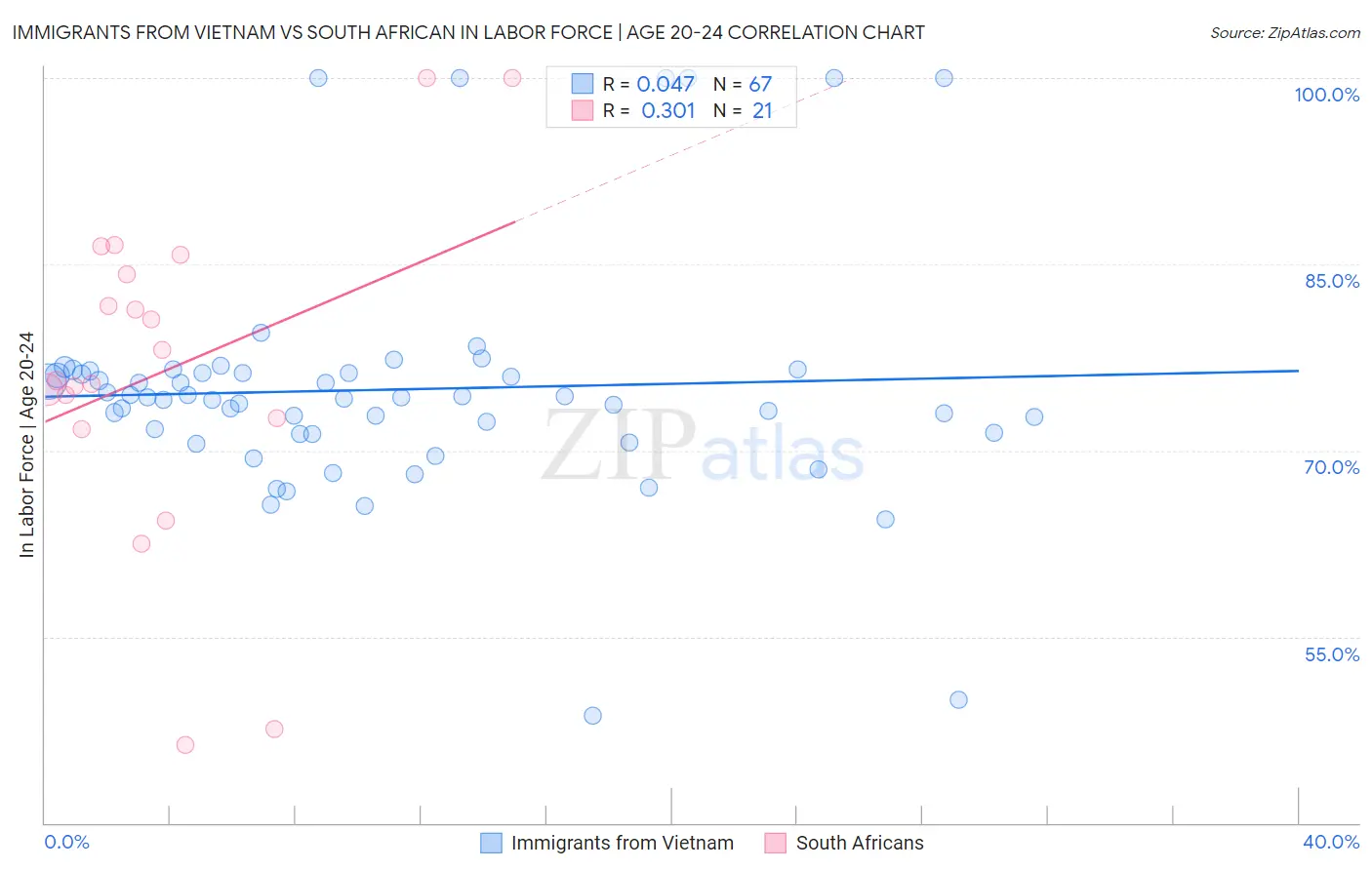 Immigrants from Vietnam vs South African In Labor Force | Age 20-24