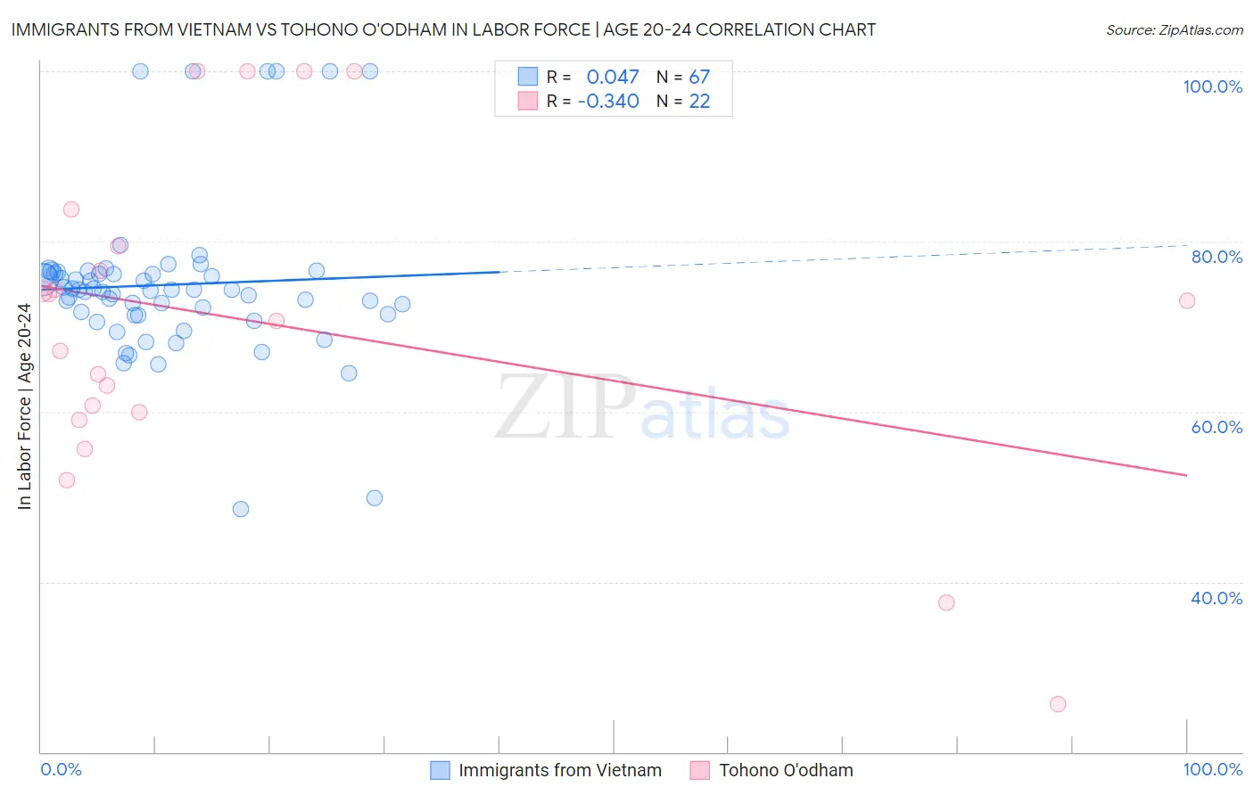 Immigrants from Vietnam vs Tohono O'odham In Labor Force | Age 20-24