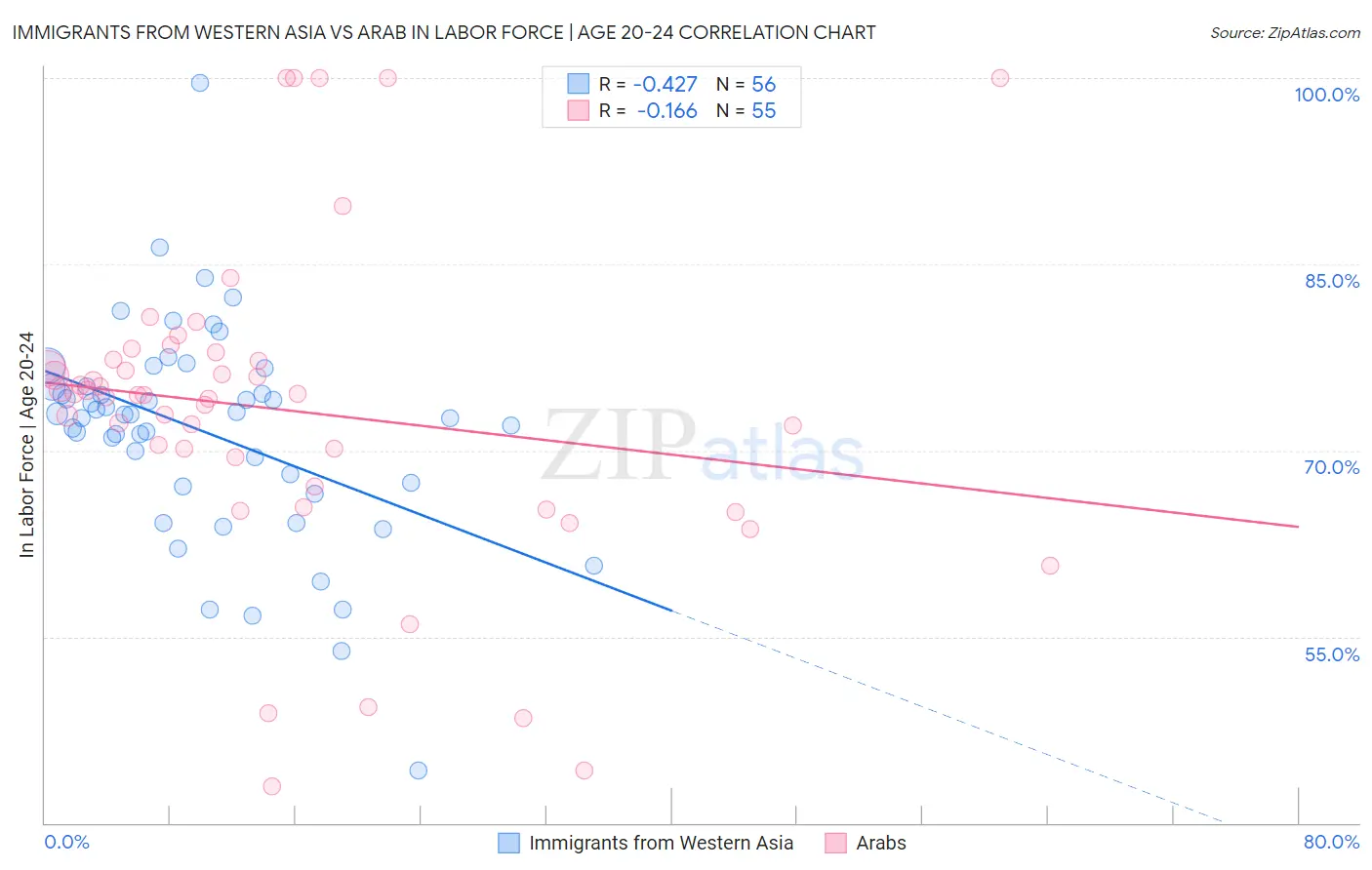 Immigrants from Western Asia vs Arab In Labor Force | Age 20-24