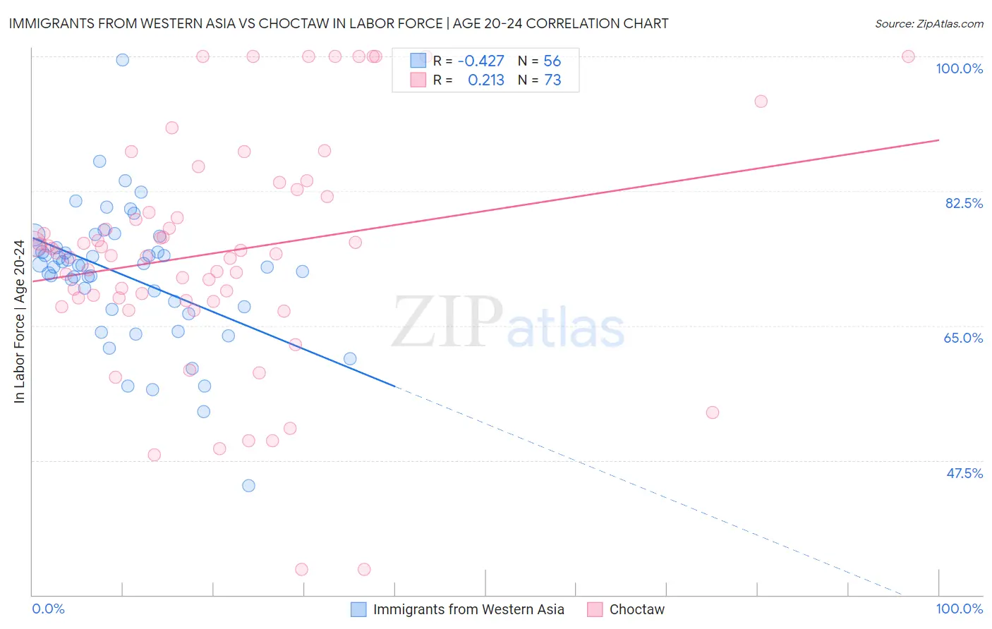 Immigrants from Western Asia vs Choctaw In Labor Force | Age 20-24