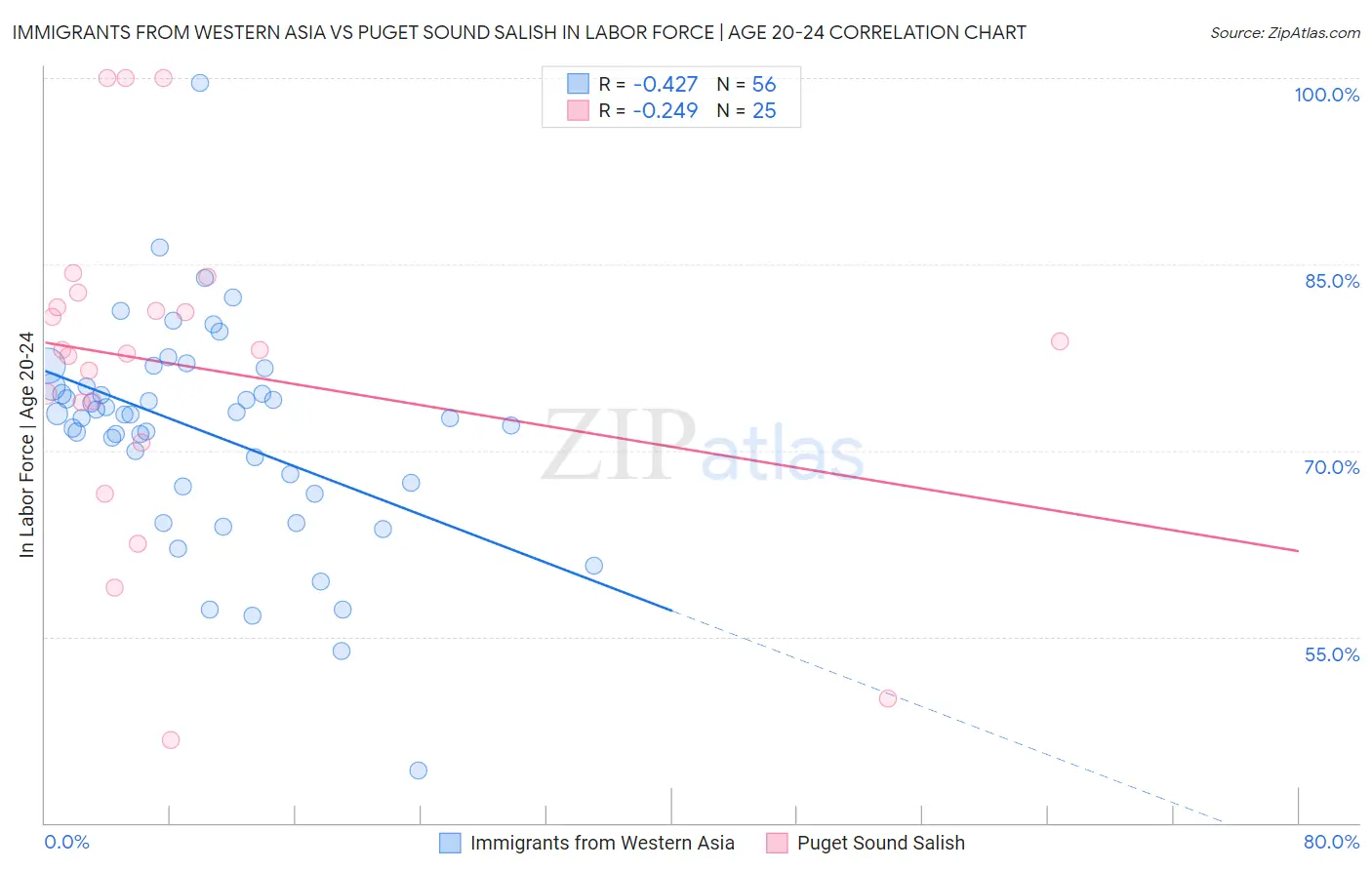 Immigrants from Western Asia vs Puget Sound Salish In Labor Force | Age 20-24