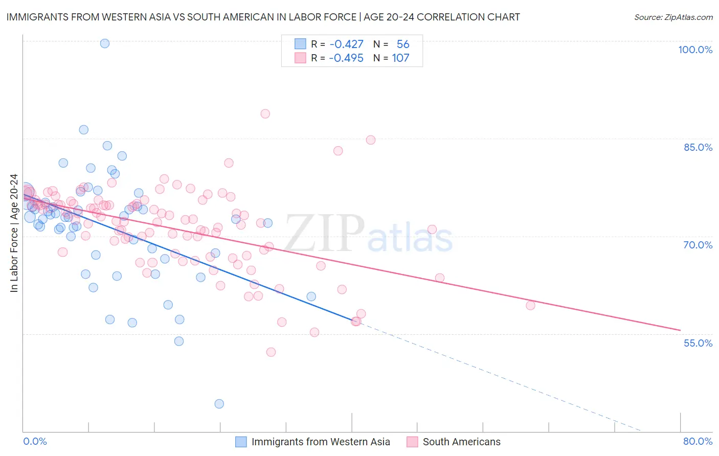 Immigrants from Western Asia vs South American In Labor Force | Age 20-24