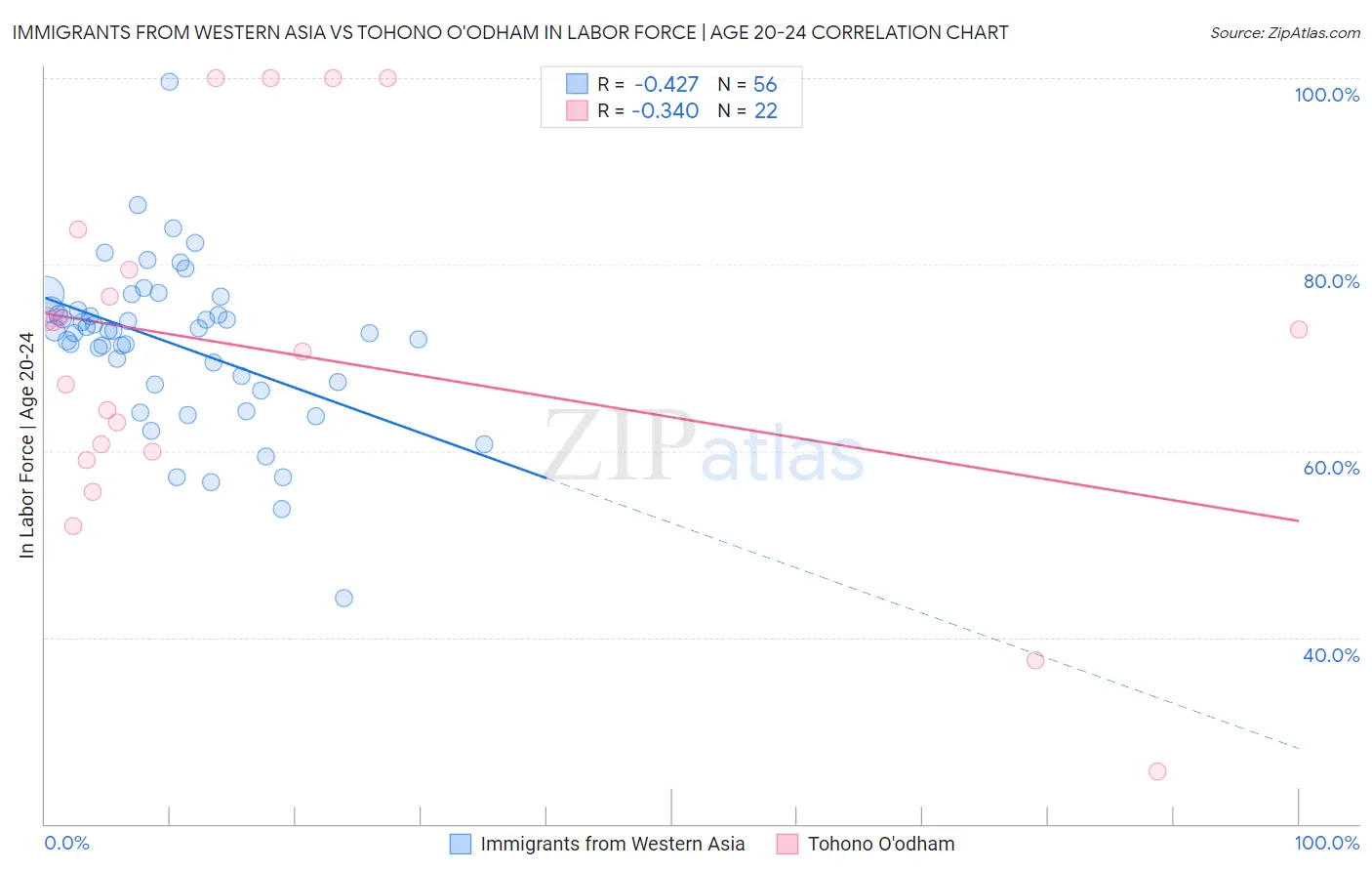 Immigrants from Western Asia vs Tohono O'odham In Labor Force | Age 20-24