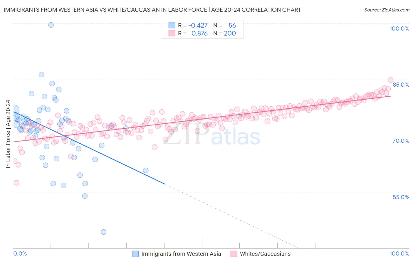 Immigrants from Western Asia vs White/Caucasian In Labor Force | Age 20-24