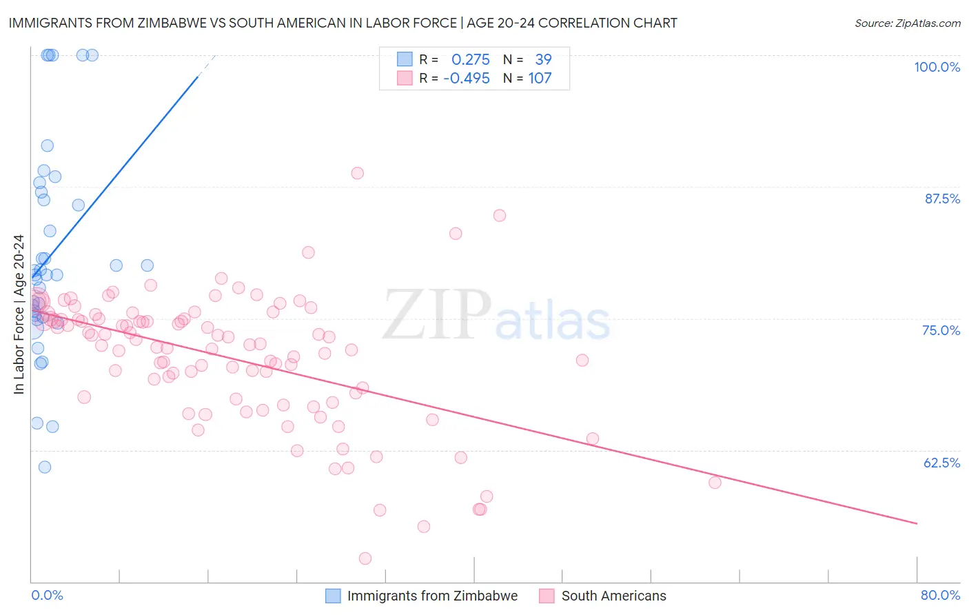 Immigrants from Zimbabwe vs South American In Labor Force | Age 20-24