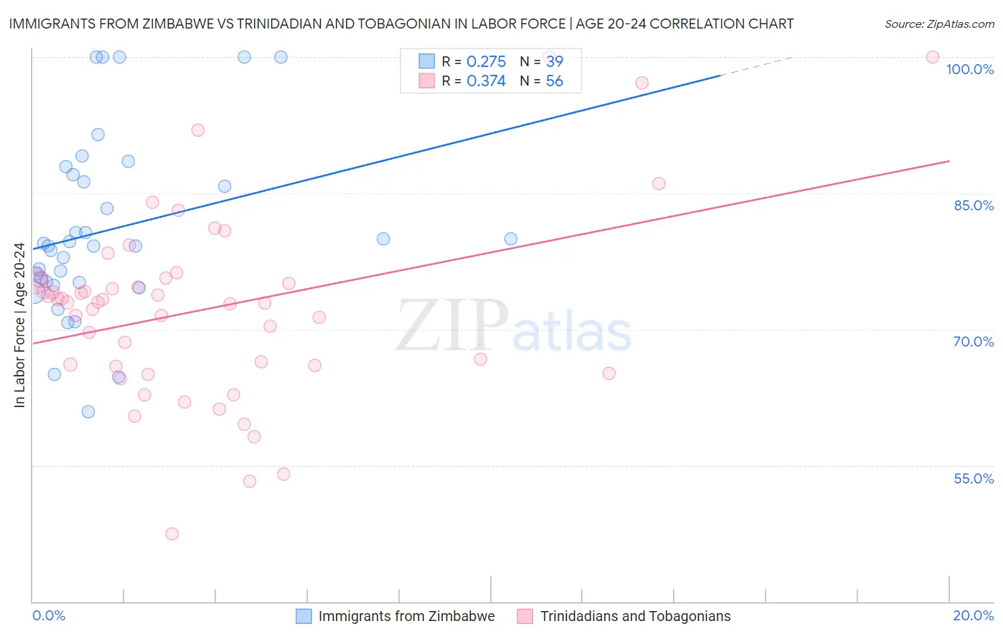 Immigrants from Zimbabwe vs Trinidadian and Tobagonian In Labor Force | Age 20-24