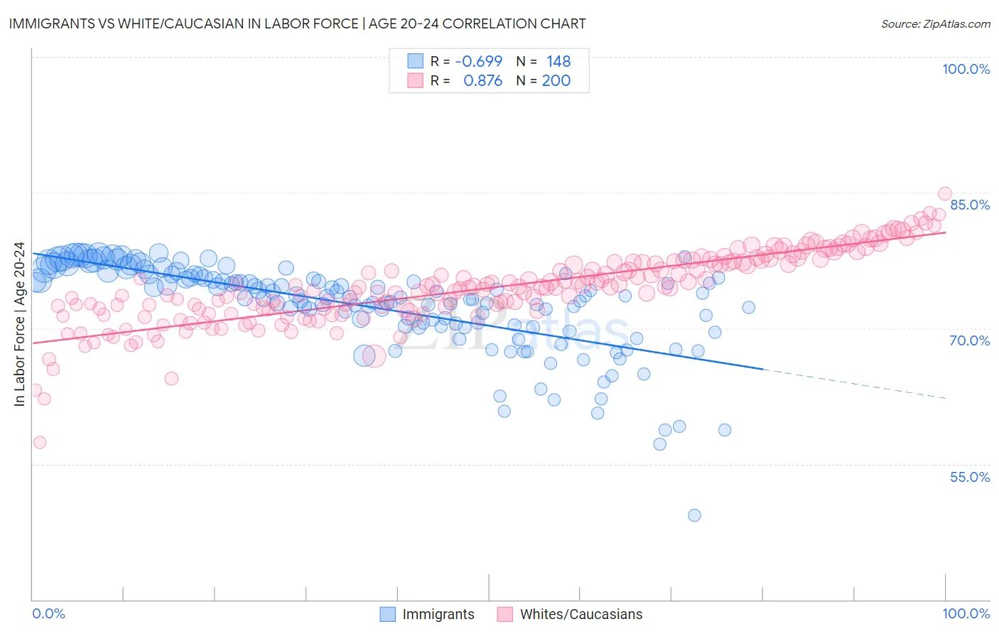 Immigrants vs White/Caucasian In Labor Force | Age 20-24