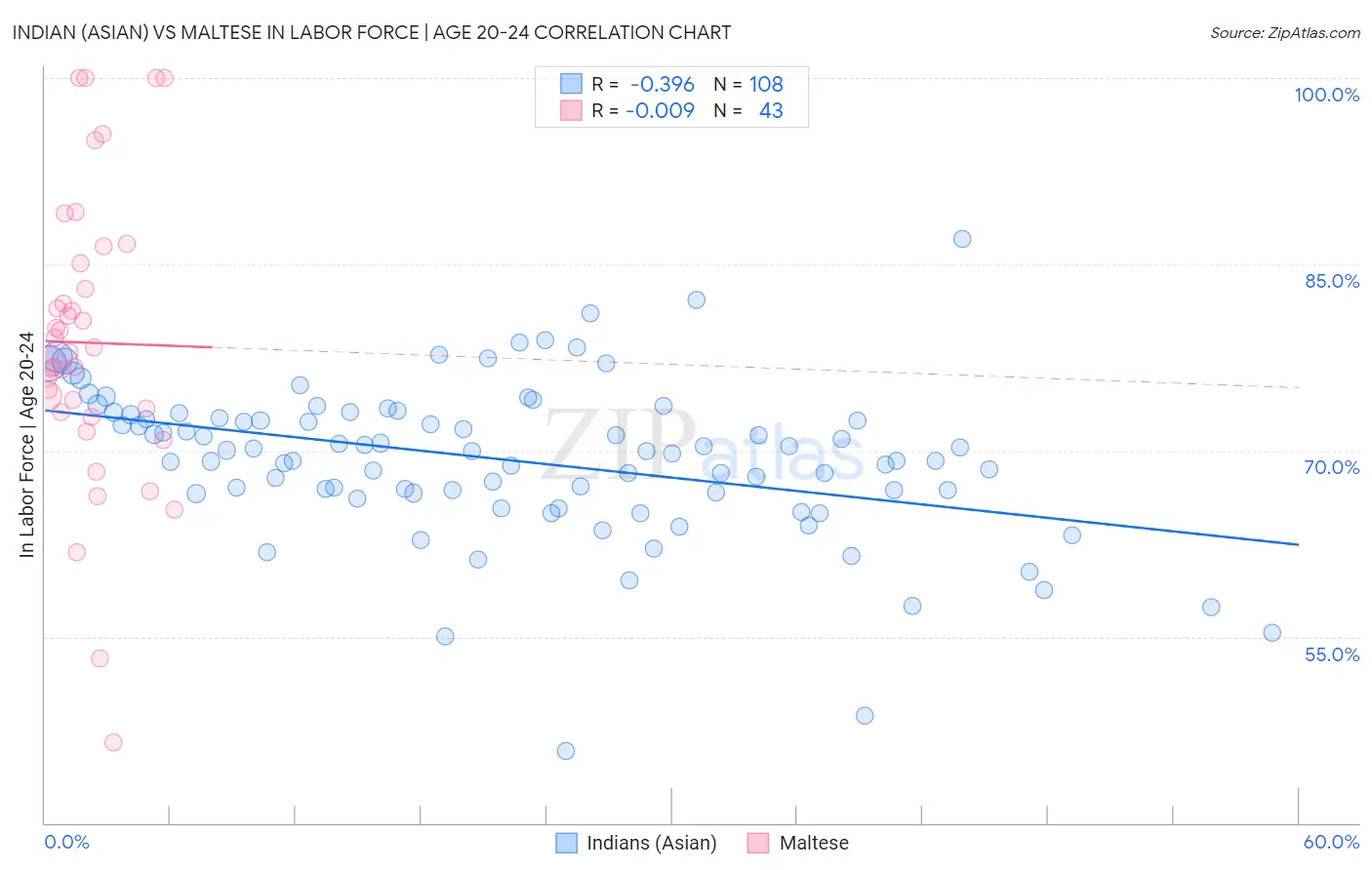 Indian (Asian) vs Maltese In Labor Force | Age 20-24