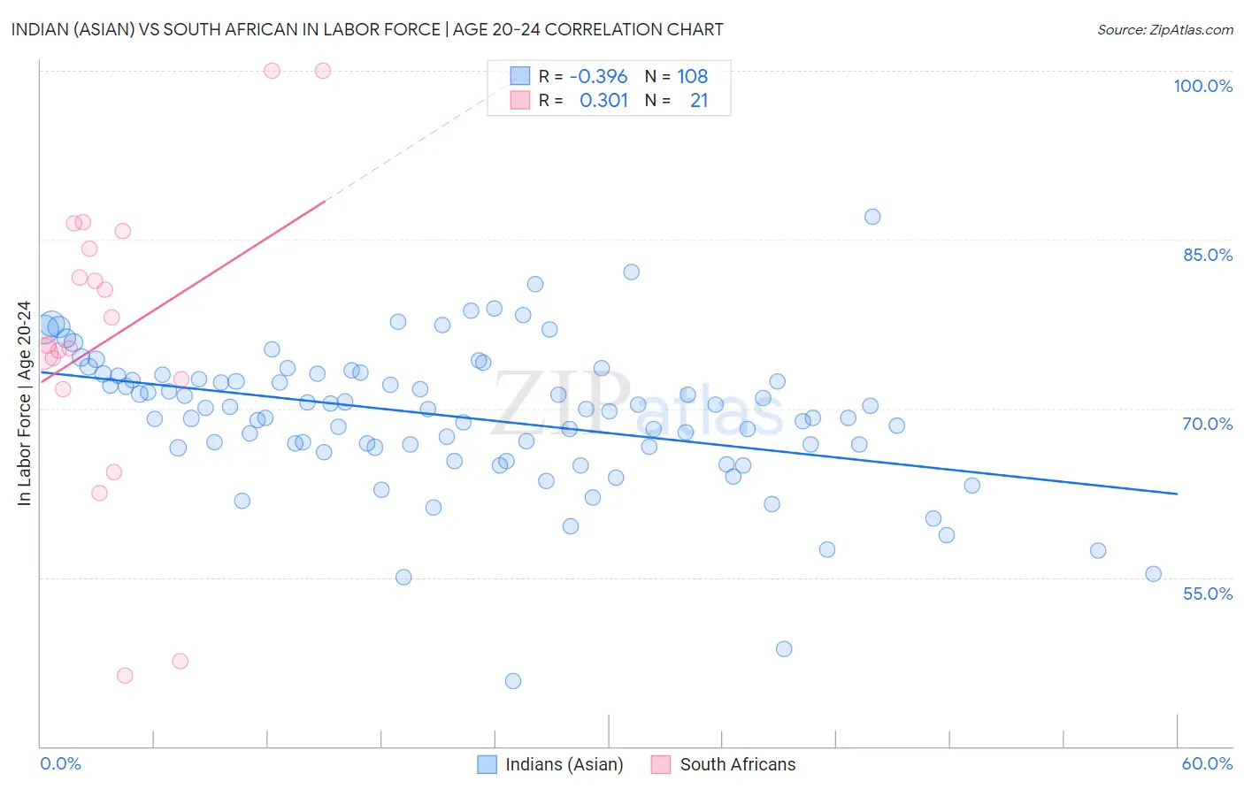 Indian (Asian) vs South African In Labor Force | Age 20-24