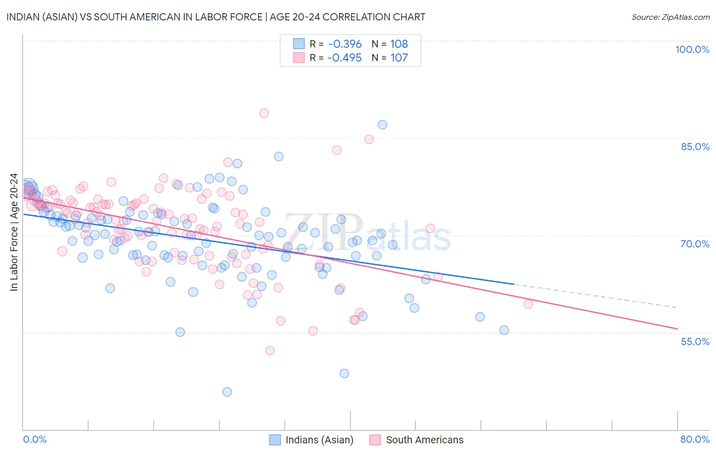 Indian (Asian) vs South American In Labor Force | Age 20-24