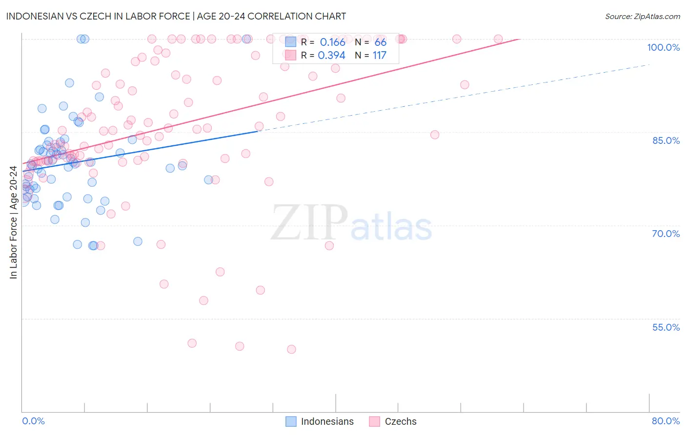 Indonesian vs Czech In Labor Force | Age 20-24