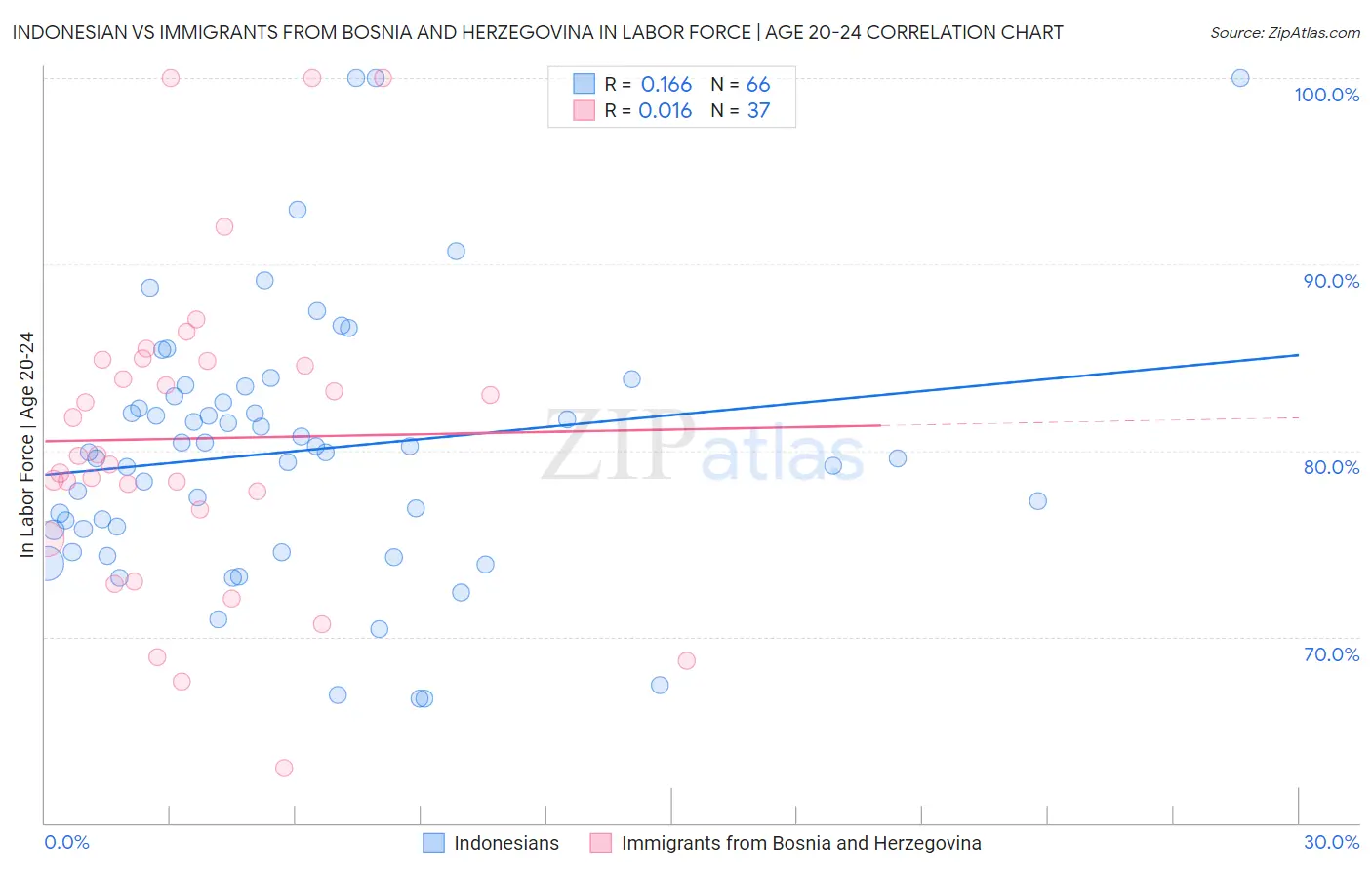 Indonesian vs Immigrants from Bosnia and Herzegovina In Labor Force | Age 20-24