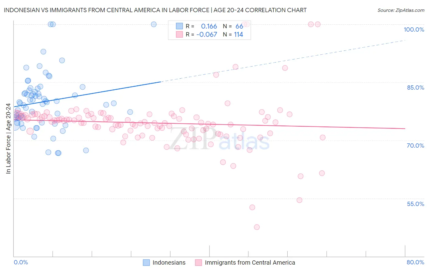 Indonesian vs Immigrants from Central America In Labor Force | Age 20-24