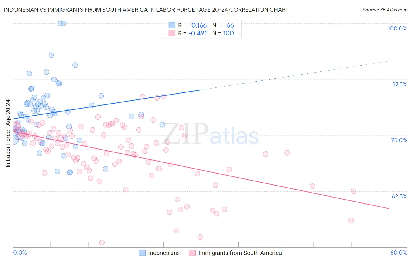 Indonesian vs Immigrants from South America In Labor Force | Age 20-24