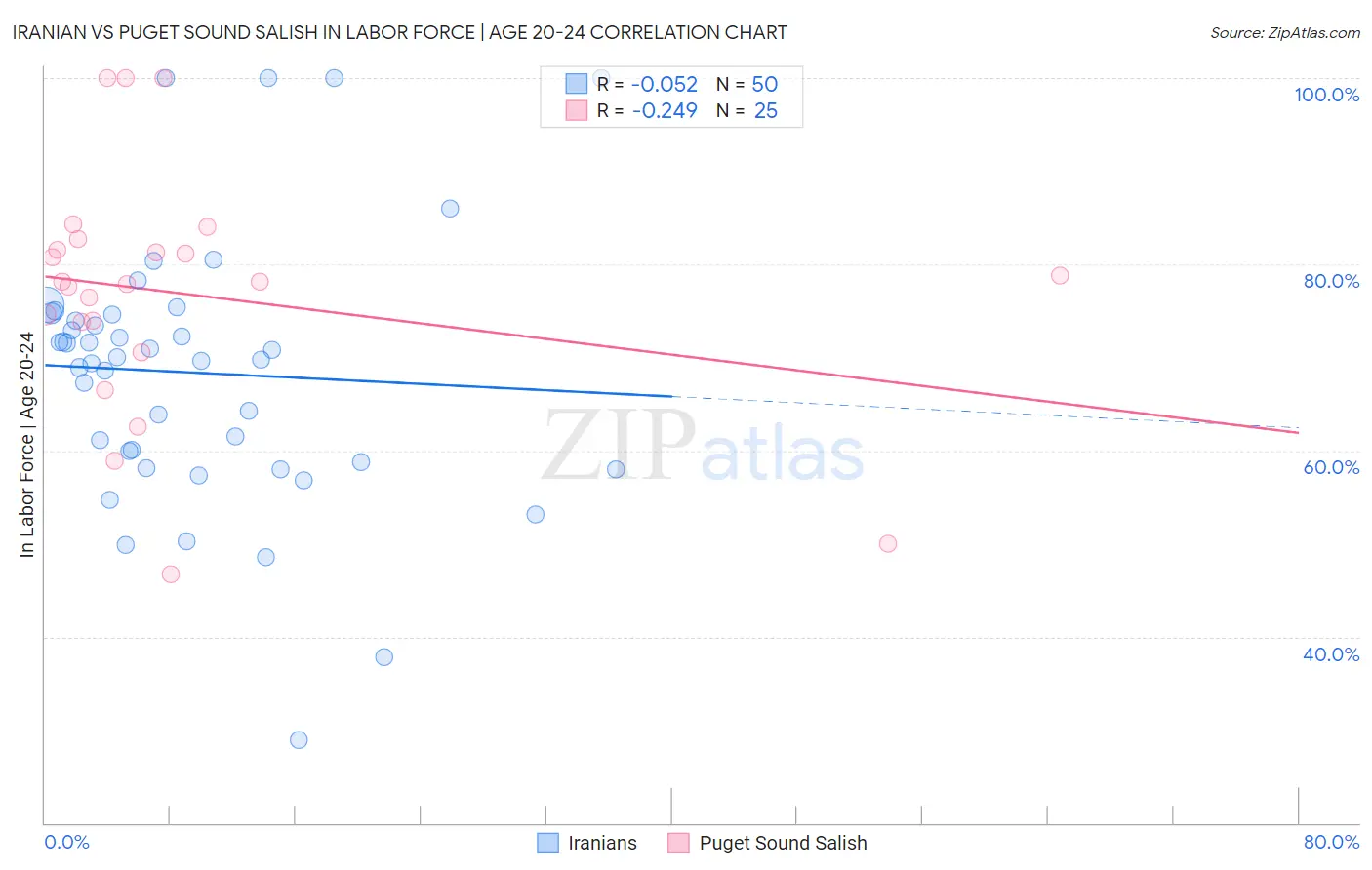 Iranian vs Puget Sound Salish In Labor Force | Age 20-24