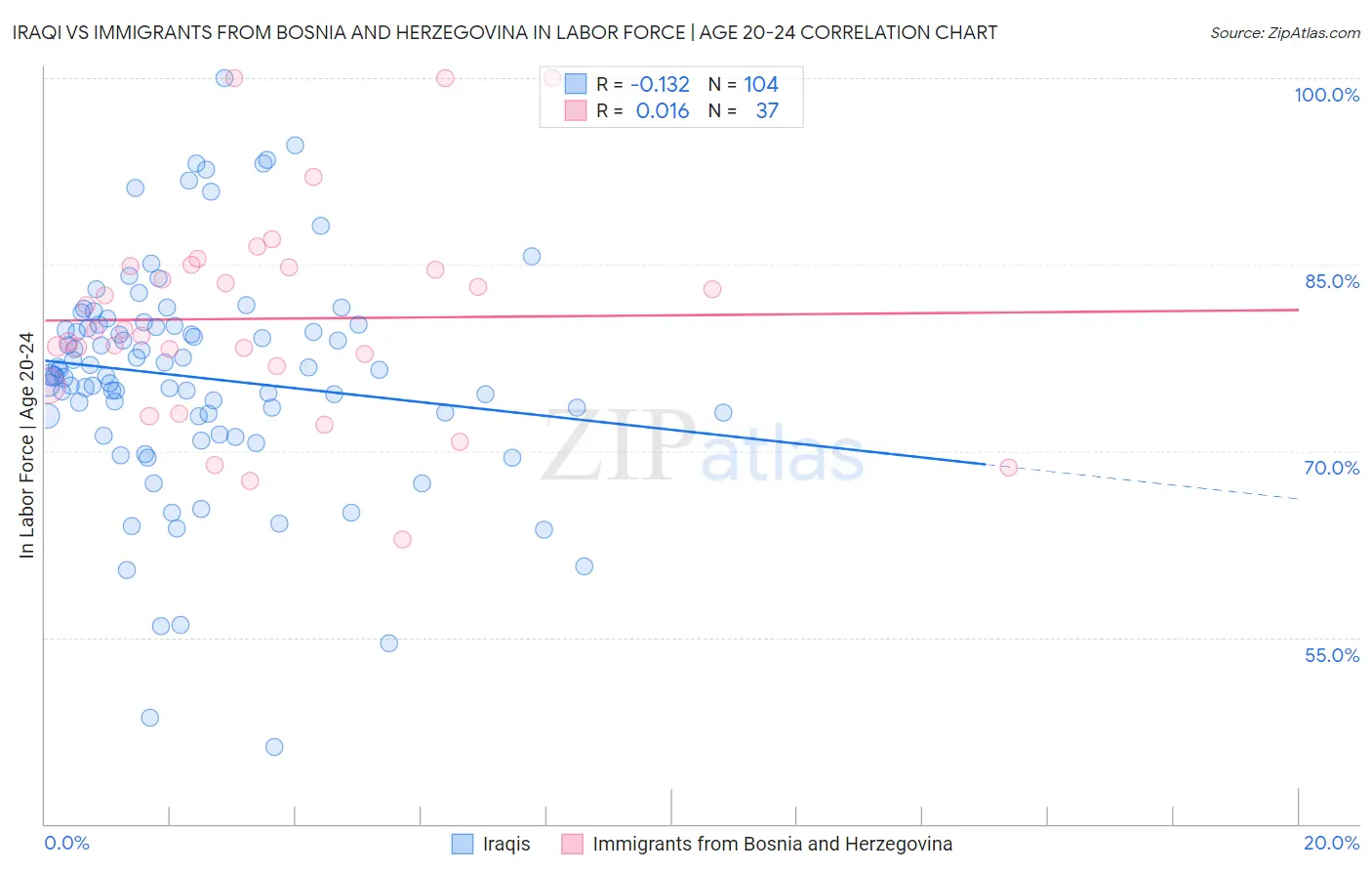 Iraqi vs Immigrants from Bosnia and Herzegovina In Labor Force | Age 20-24