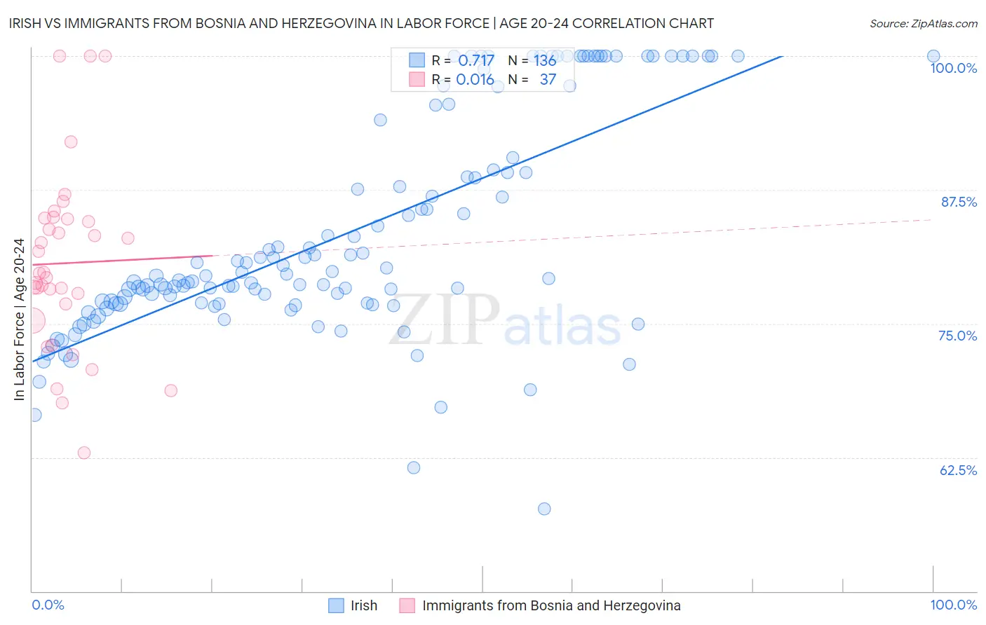 Irish vs Immigrants from Bosnia and Herzegovina In Labor Force | Age 20-24