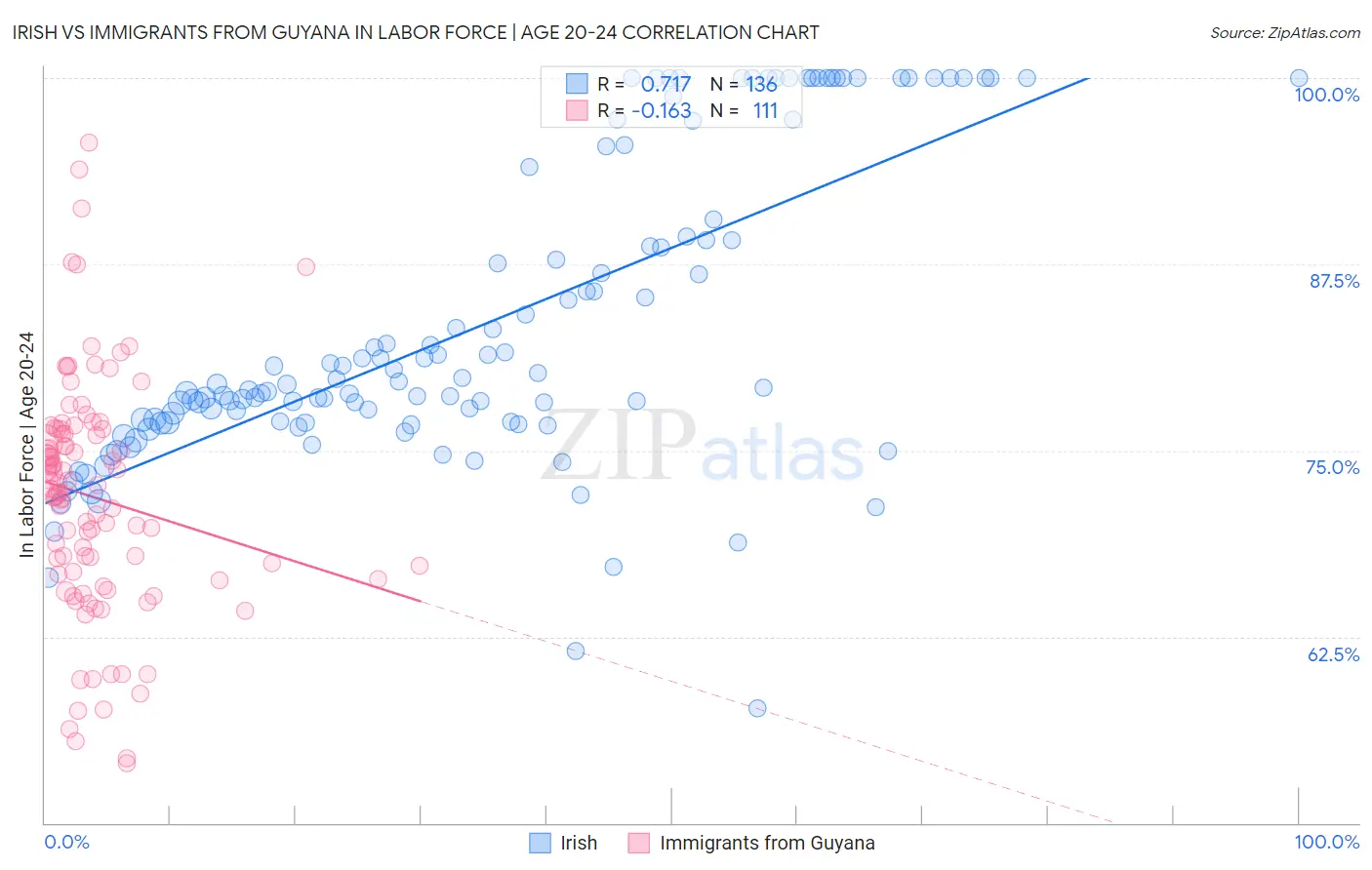 Irish vs Immigrants from Guyana In Labor Force | Age 20-24
