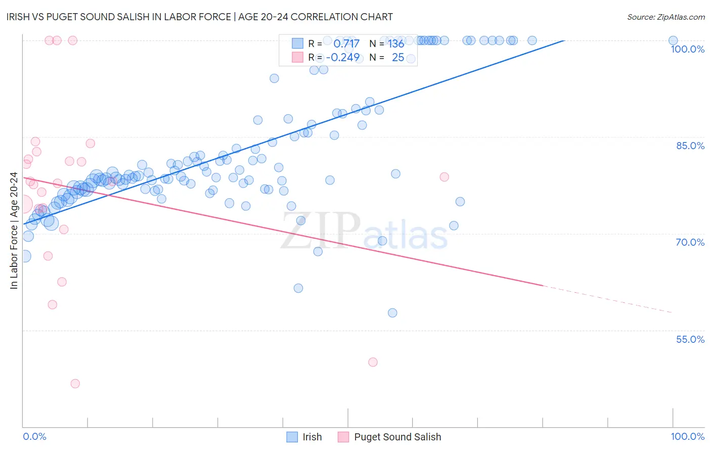 Irish vs Puget Sound Salish In Labor Force | Age 20-24