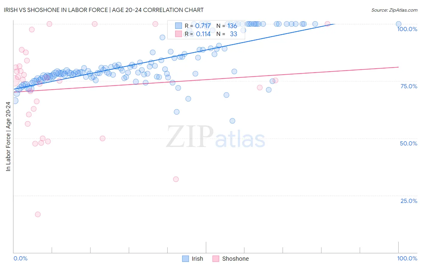 Irish vs Shoshone In Labor Force | Age 20-24