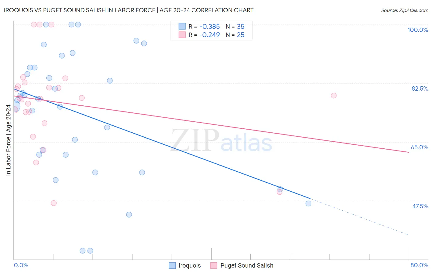 Iroquois vs Puget Sound Salish In Labor Force | Age 20-24