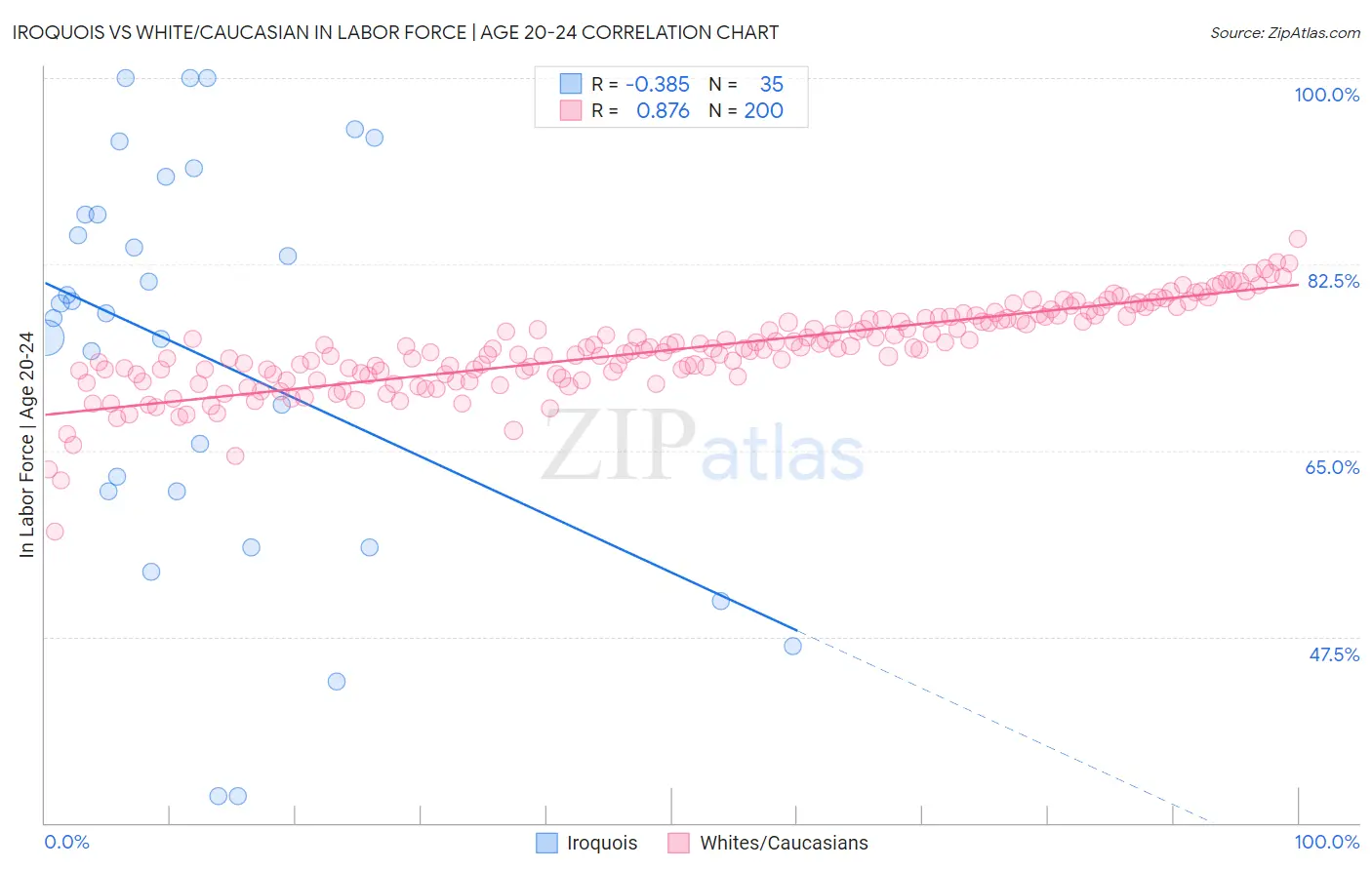 Iroquois vs White/Caucasian In Labor Force | Age 20-24