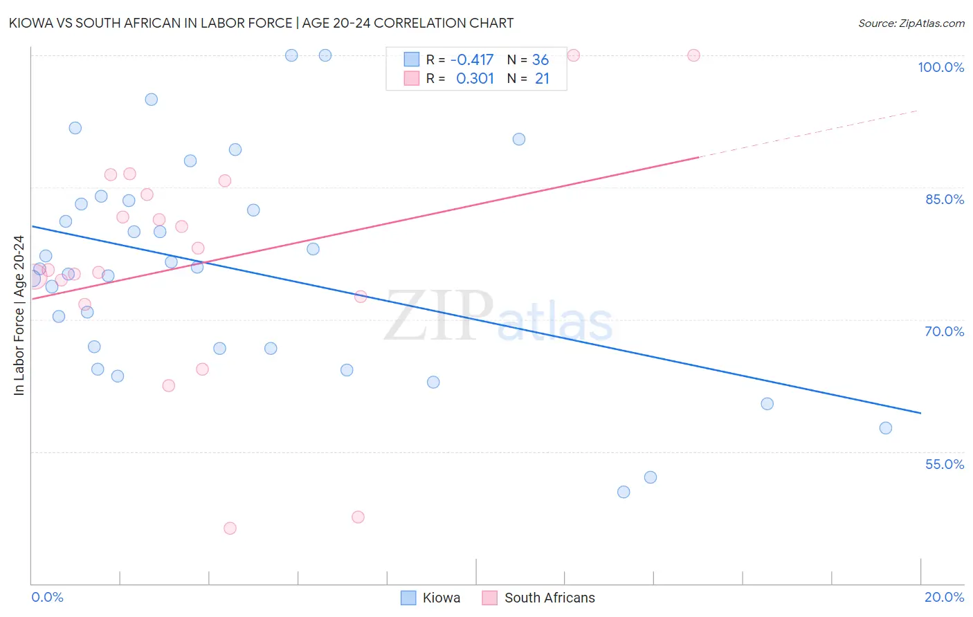 Kiowa vs South African In Labor Force | Age 20-24