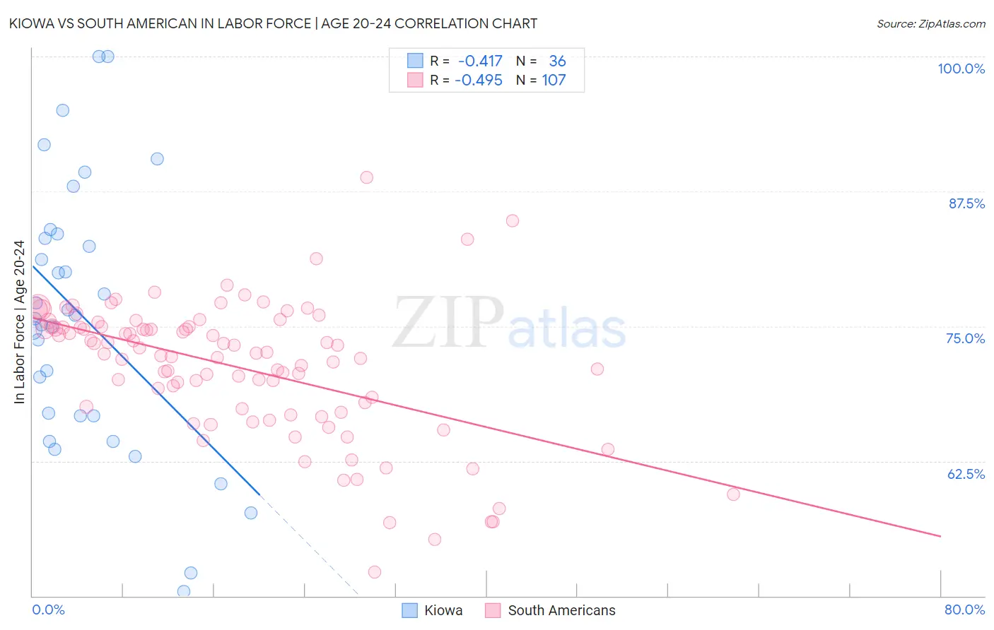 Kiowa vs South American In Labor Force | Age 20-24