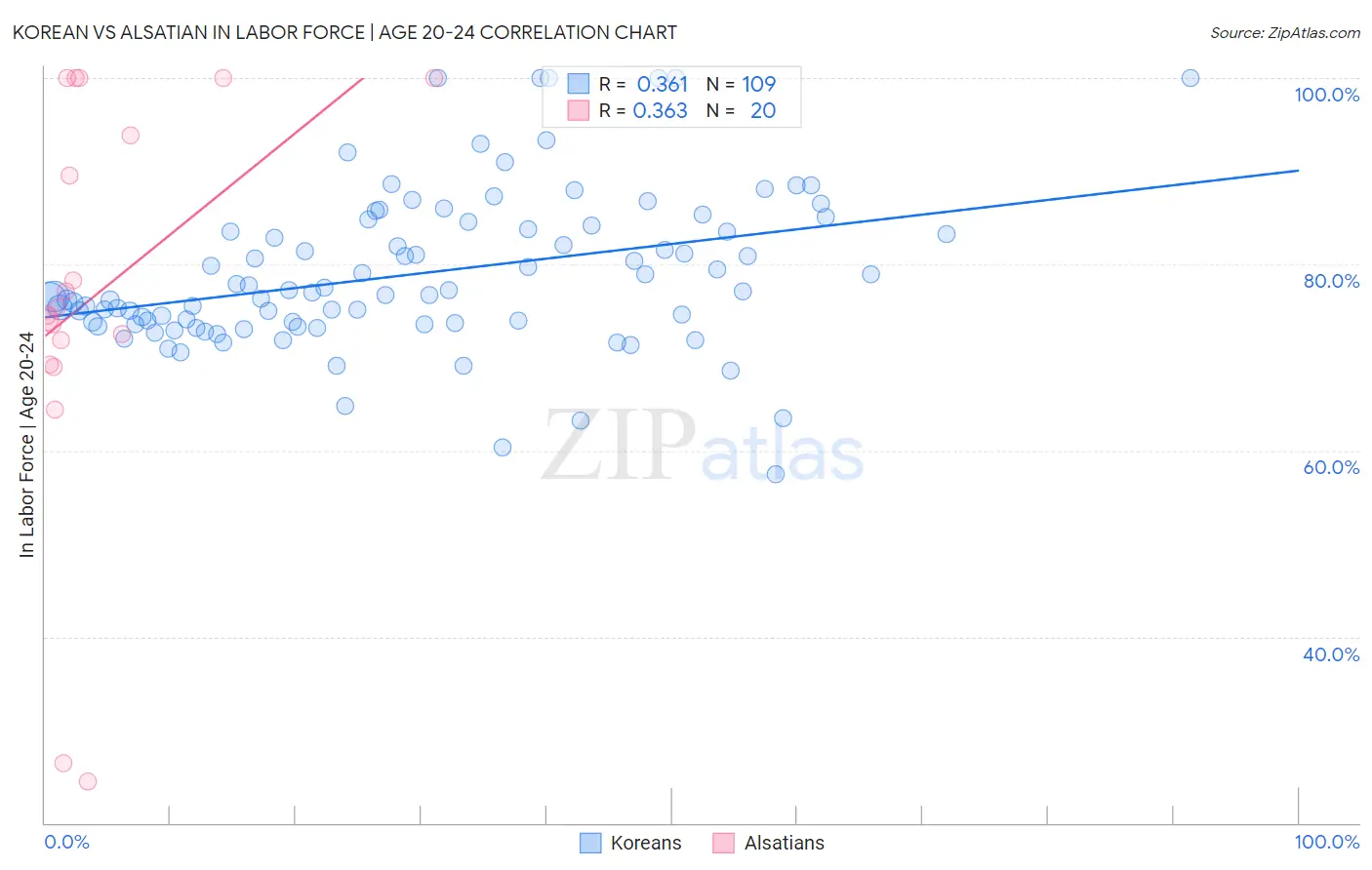 Korean vs Alsatian In Labor Force | Age 20-24