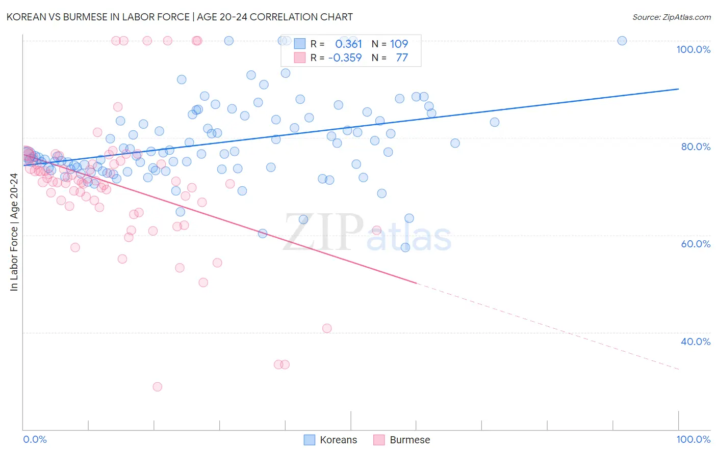 Korean vs Burmese In Labor Force | Age 20-24