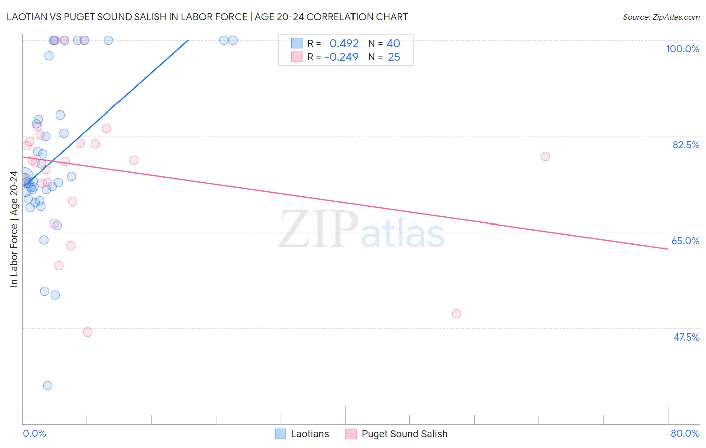 Laotian vs Puget Sound Salish In Labor Force | Age 20-24