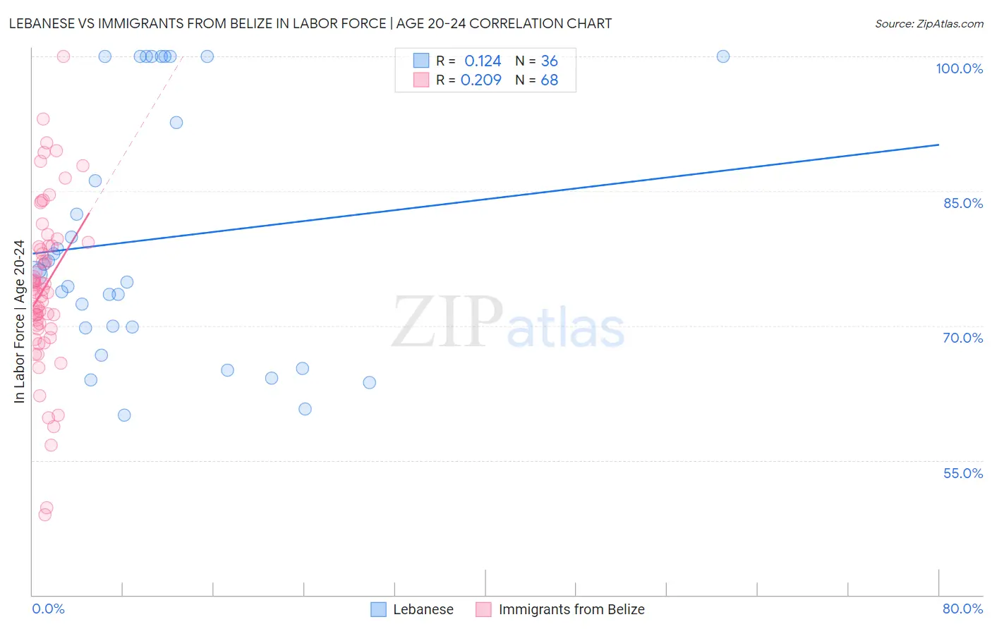Lebanese vs Immigrants from Belize In Labor Force | Age 20-24
