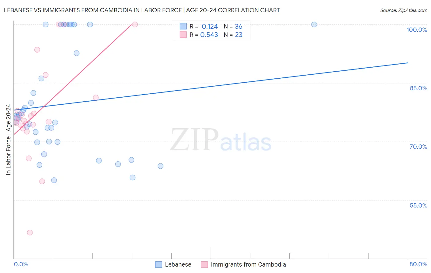 Lebanese vs Immigrants from Cambodia In Labor Force | Age 20-24