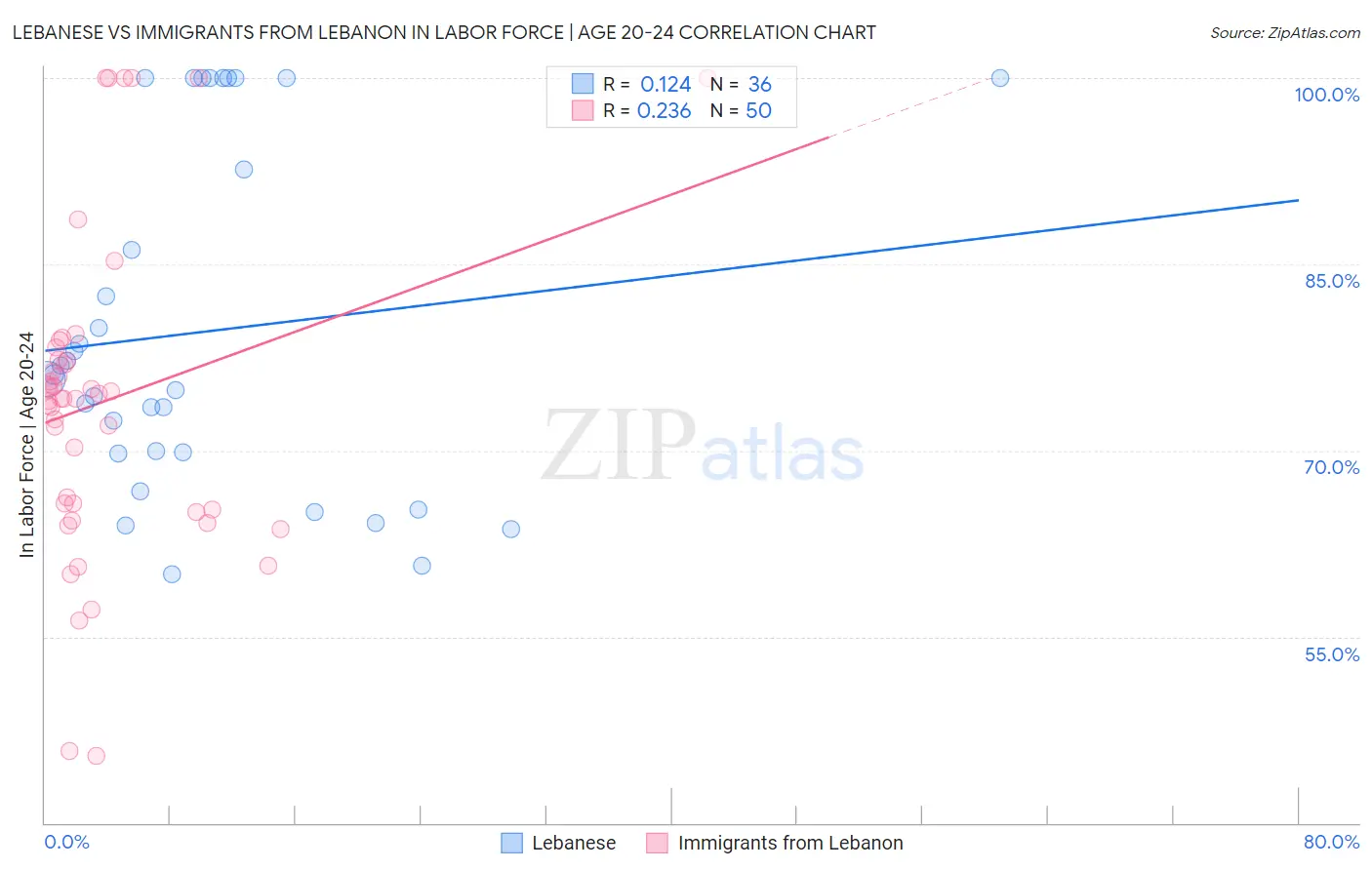 Lebanese vs Immigrants from Lebanon In Labor Force | Age 20-24
