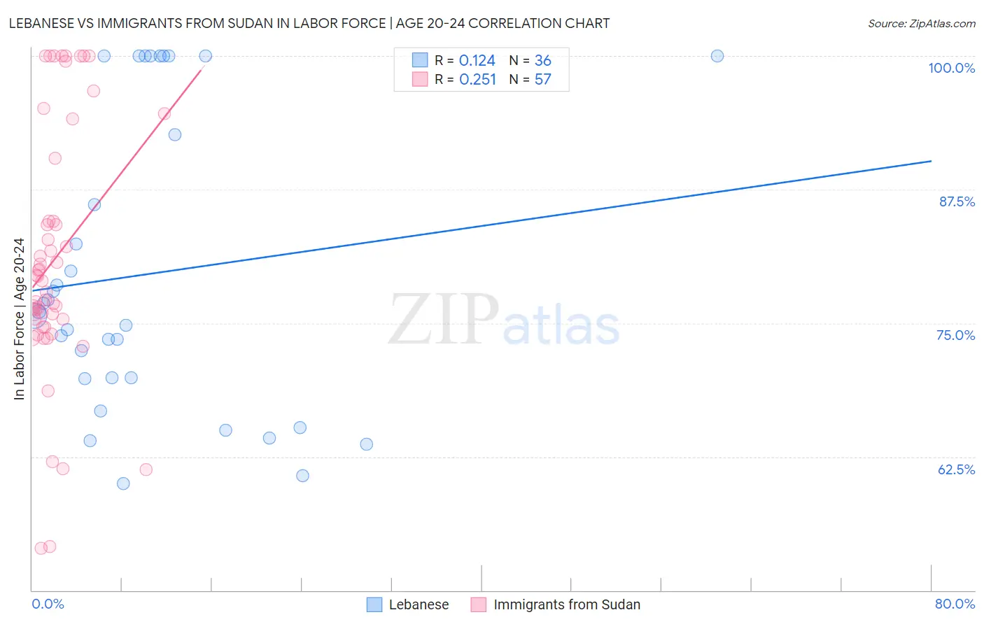 Lebanese vs Immigrants from Sudan In Labor Force | Age 20-24