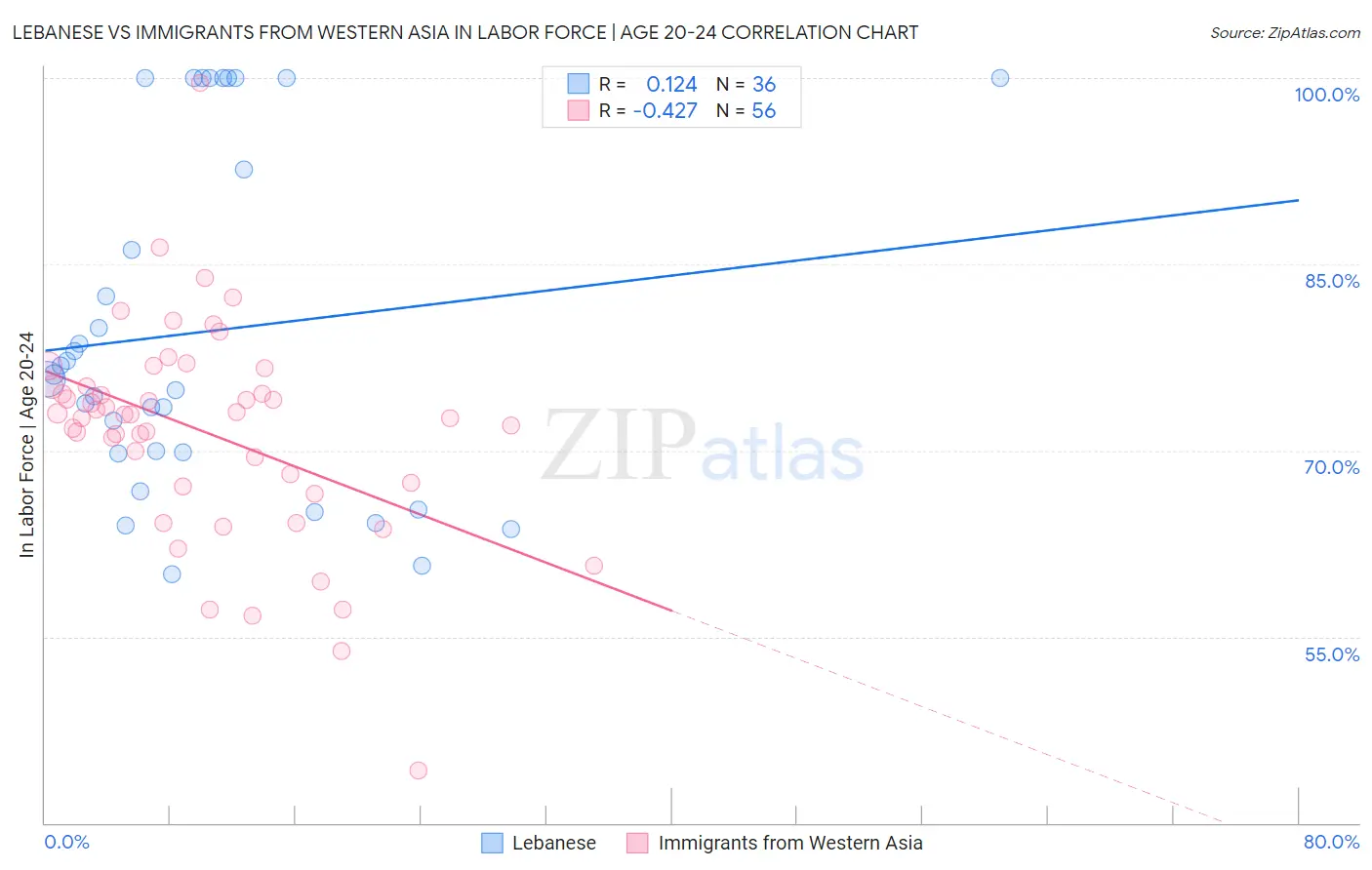 Lebanese vs Immigrants from Western Asia In Labor Force | Age 20-24