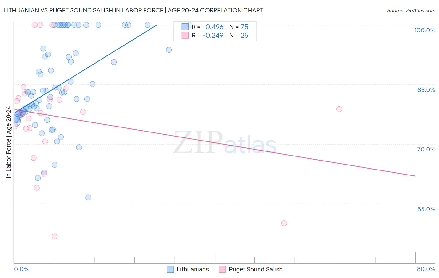 Lithuanian vs Puget Sound Salish In Labor Force | Age 20-24