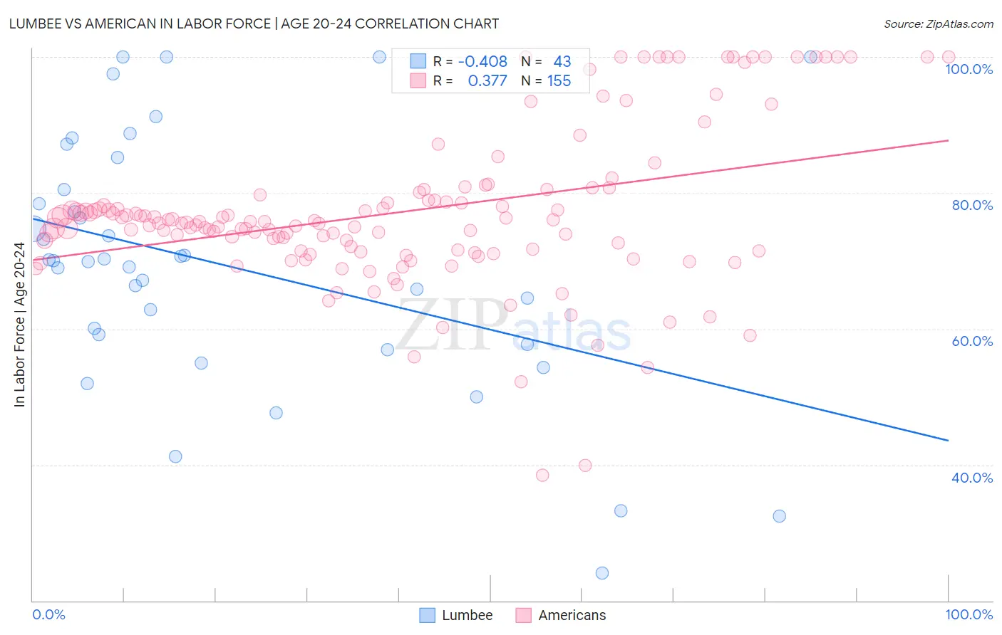 Lumbee vs American In Labor Force | Age 20-24